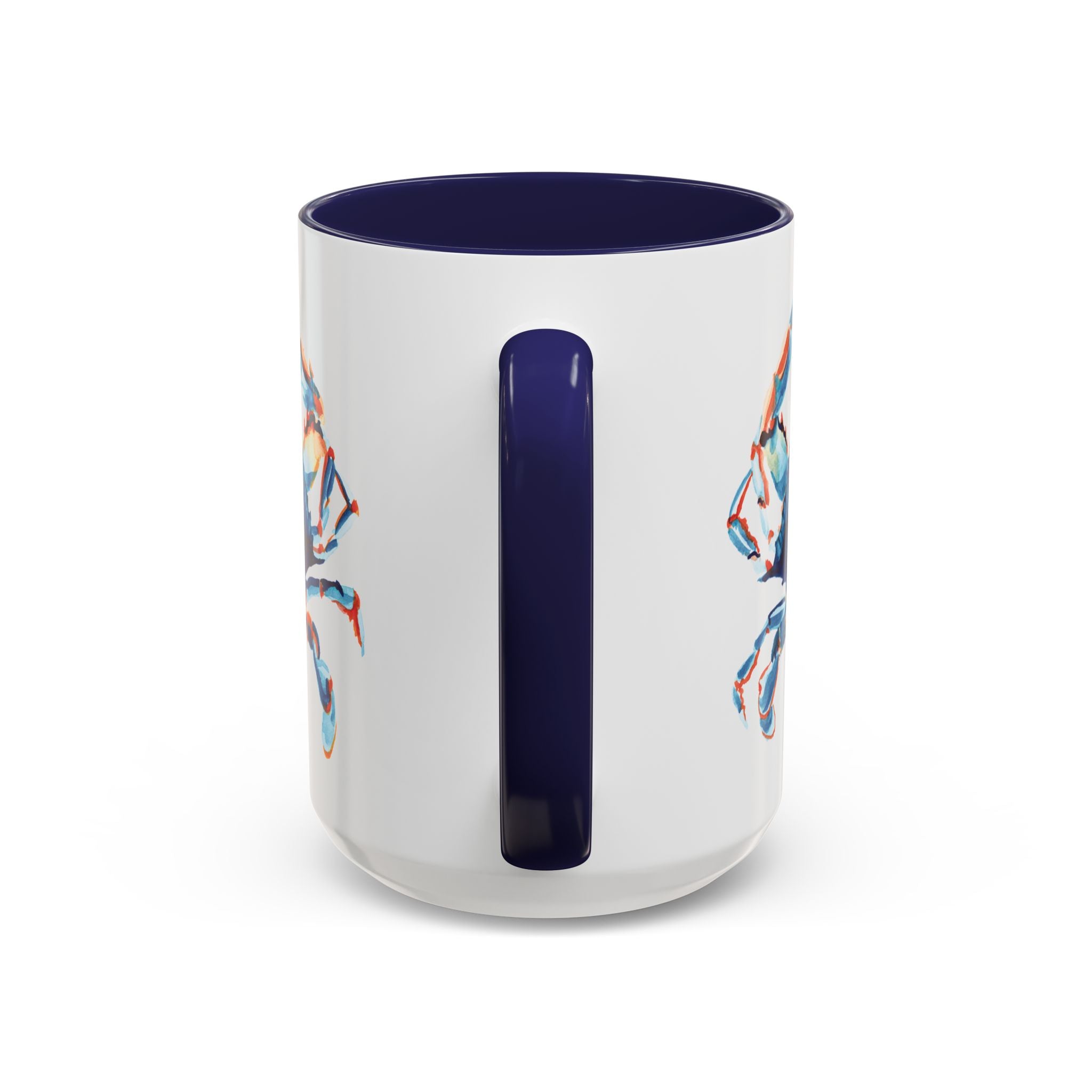 Watercolor Coastal Crab Coffee Mug with Navy Blue Handle 15oz