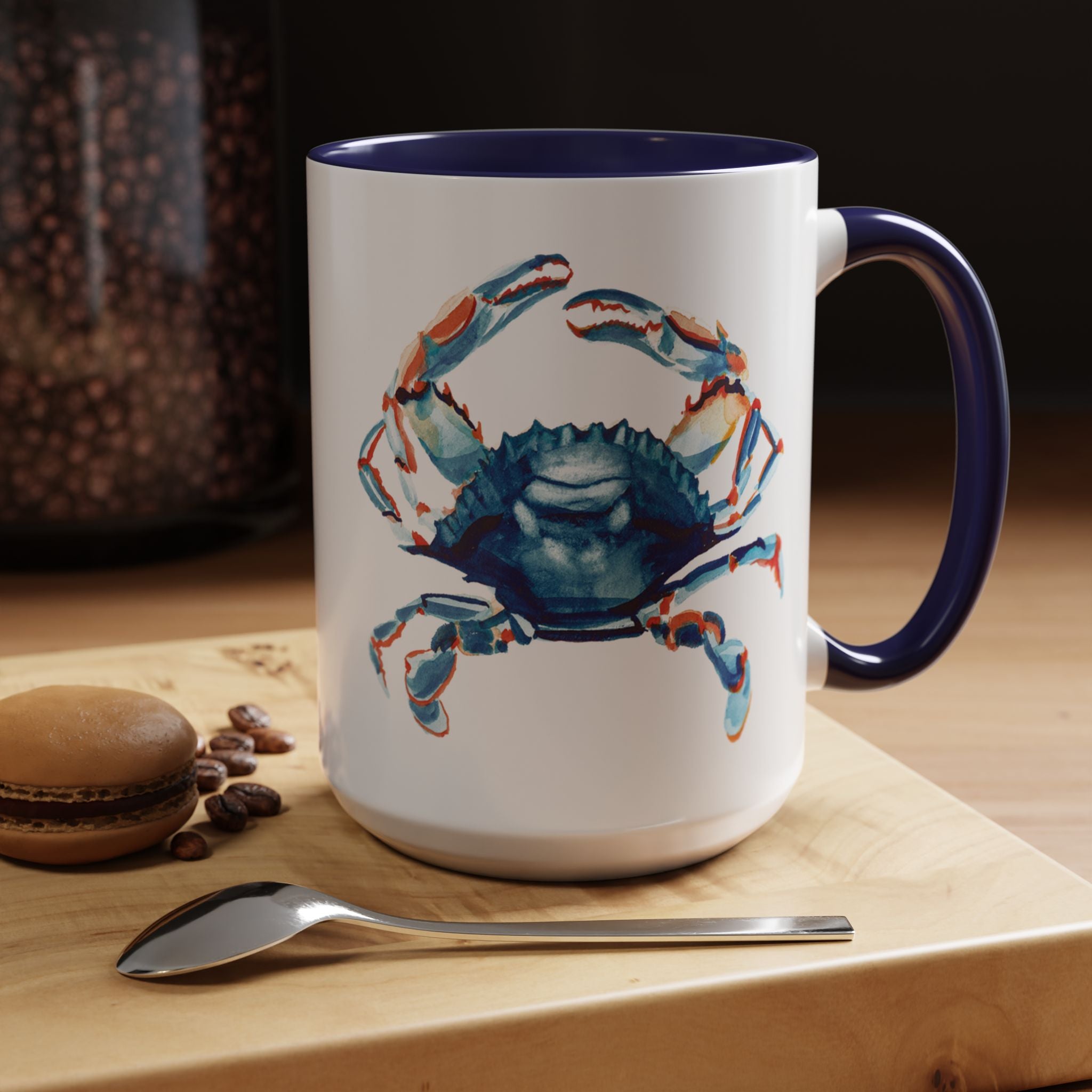 Watercolor Coastal Crab Coffee Mug with Navy Blue Handle 15oz