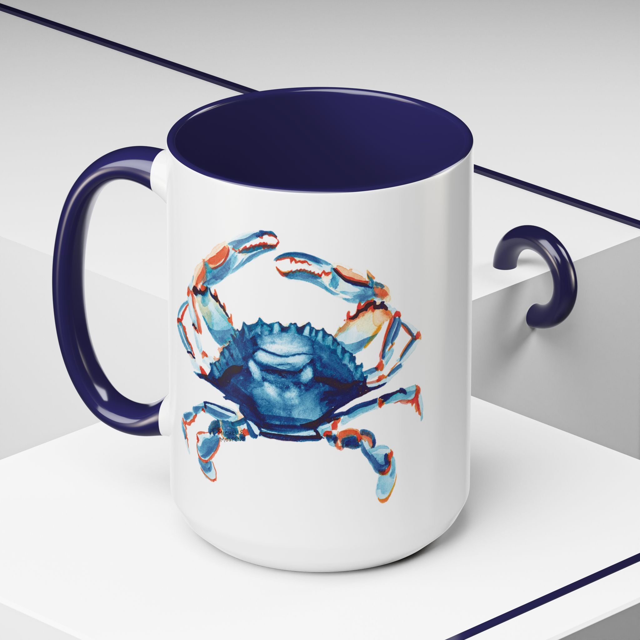 Watercolor Coastal Crab Coffee Mug with Navy Blue Handle 15oz