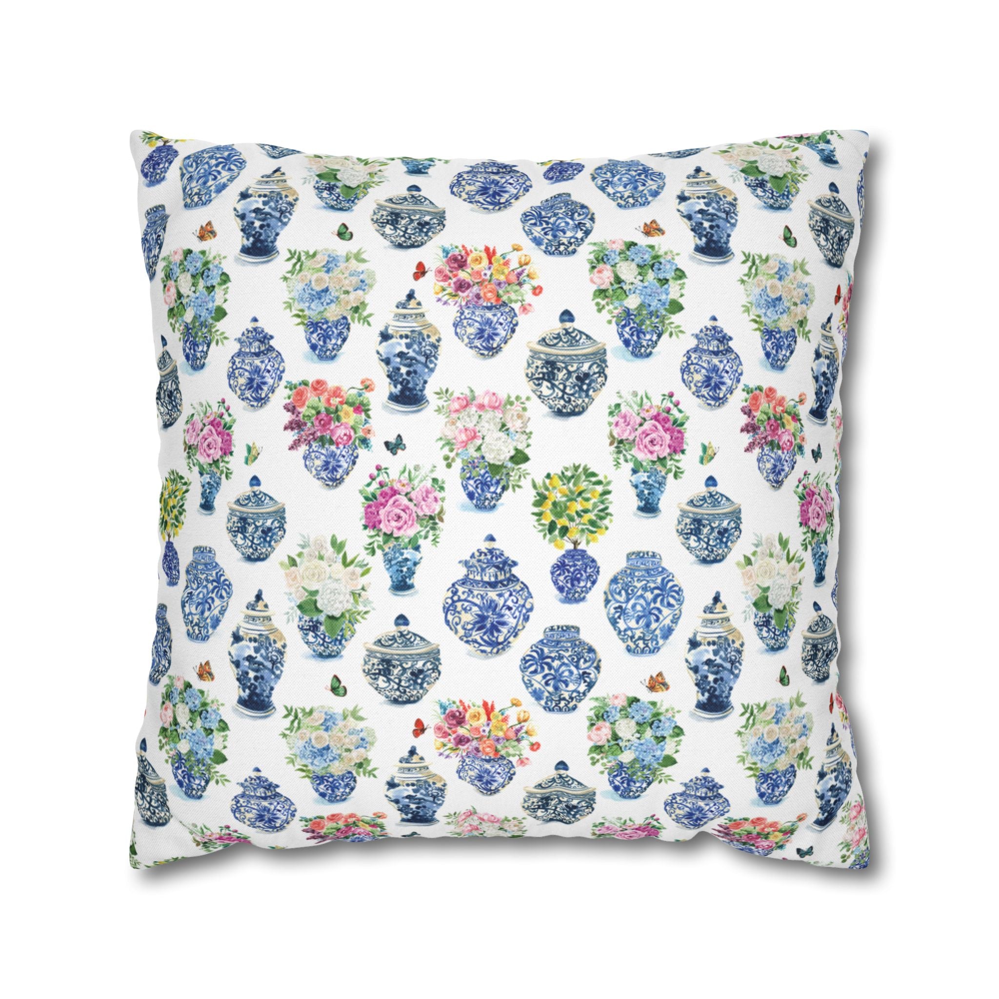 Watercolor Ginger Jar Bouquets Grandmillennial Floral Decorative Pillow Cover Case