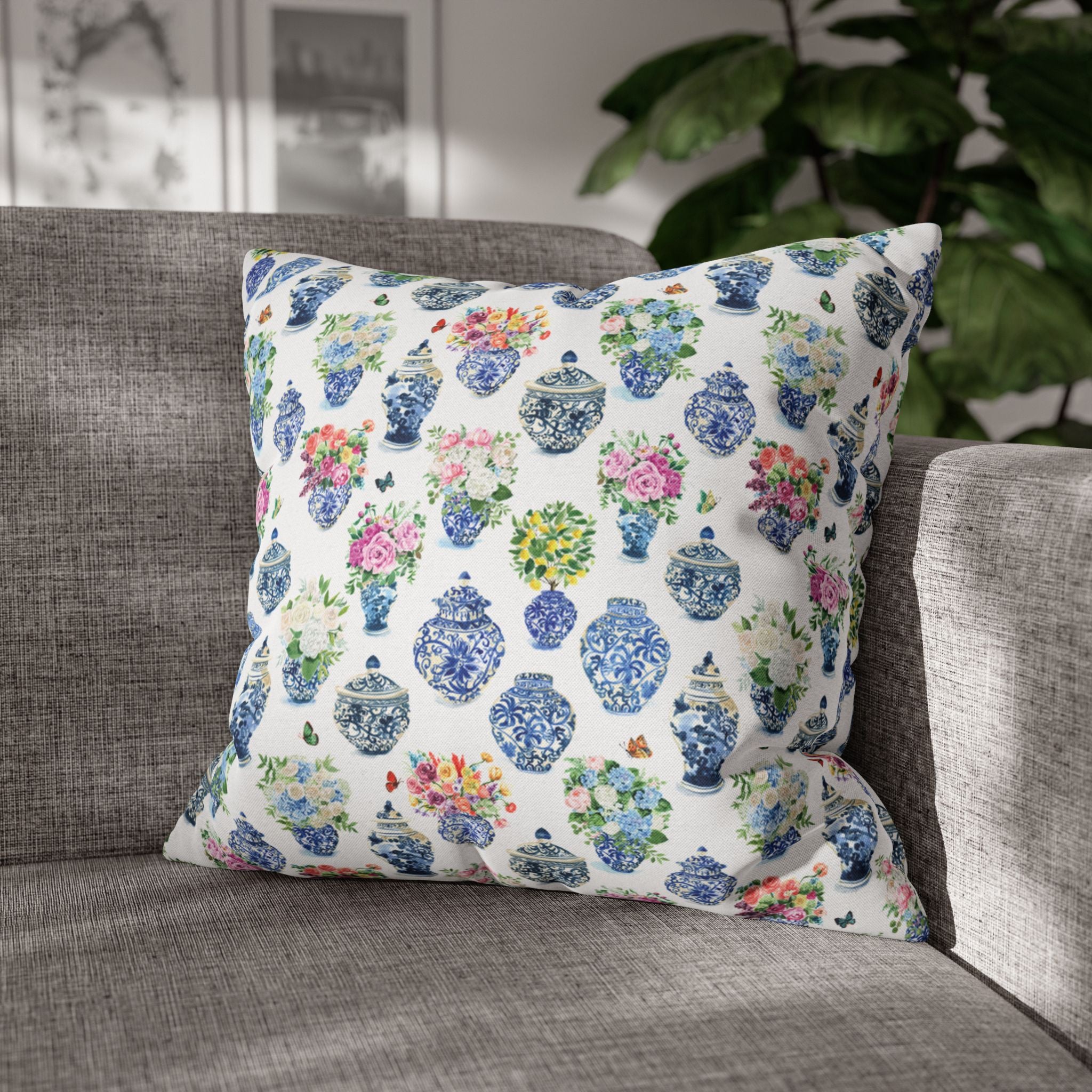 Watercolor Ginger Jar Bouquets Grandmillennial Floral Decorative Pillow Cover Case