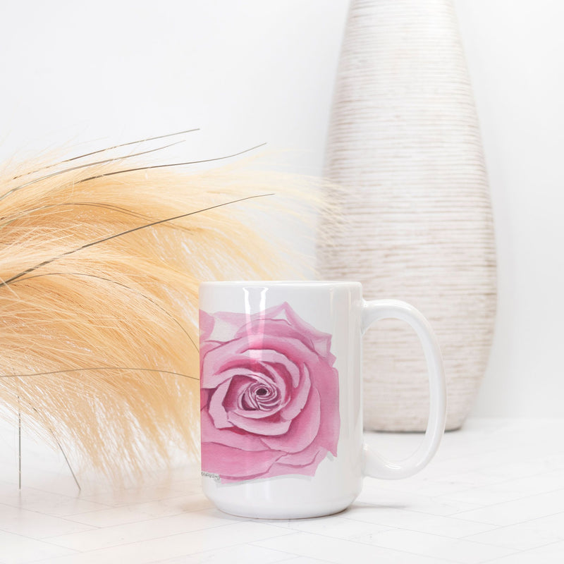 Watercolor Pink Rose Garden Coffee Mug Large 15oz.