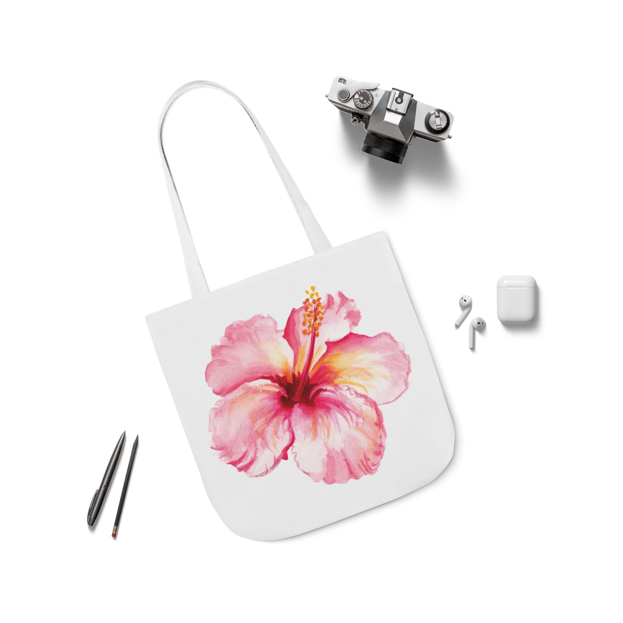 Watercolor Tropical Hibiscus Coastal Pink Flower Beachy Tote Bag