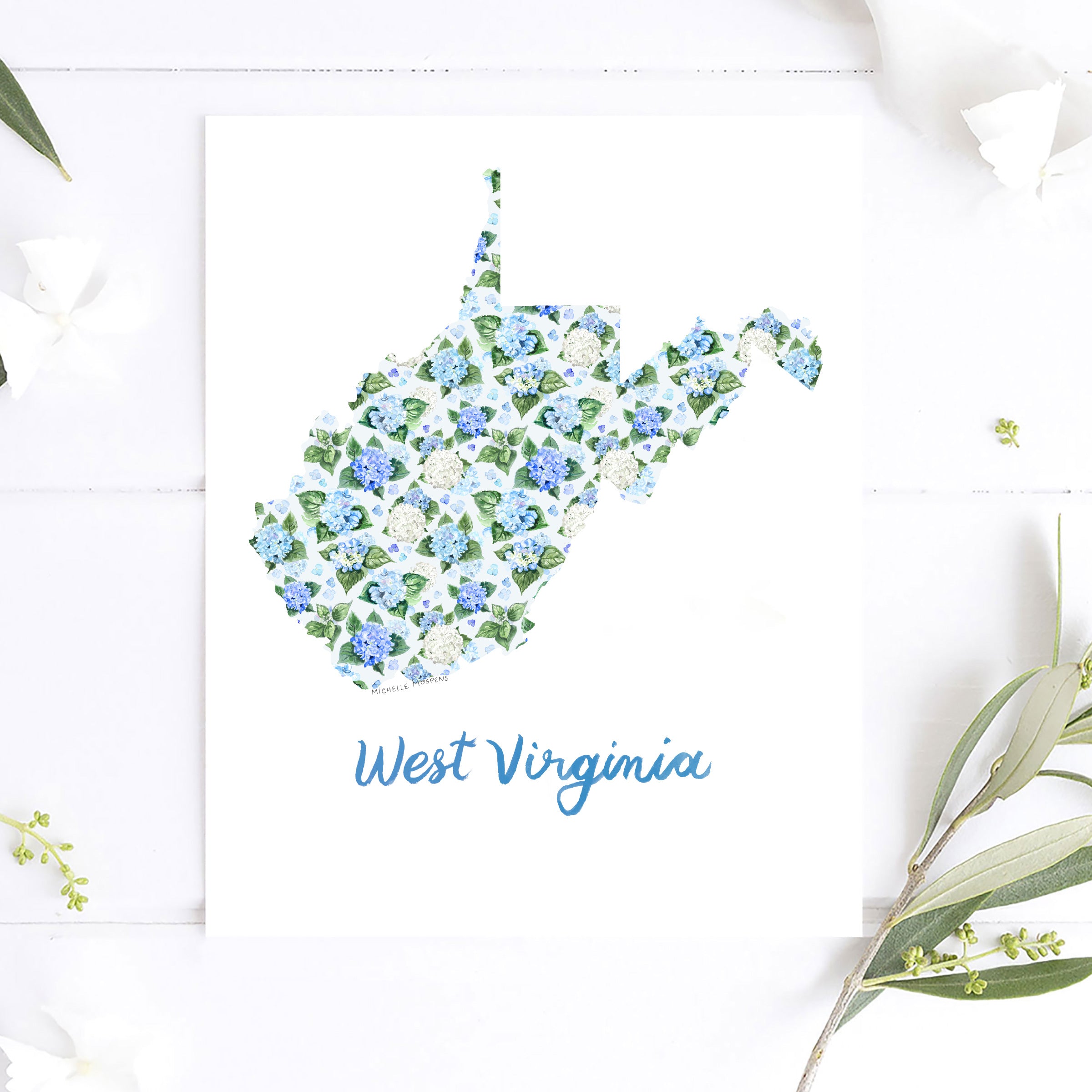 West Virginia State Shape Watercolor Wall Art Print by Michelle Mospens