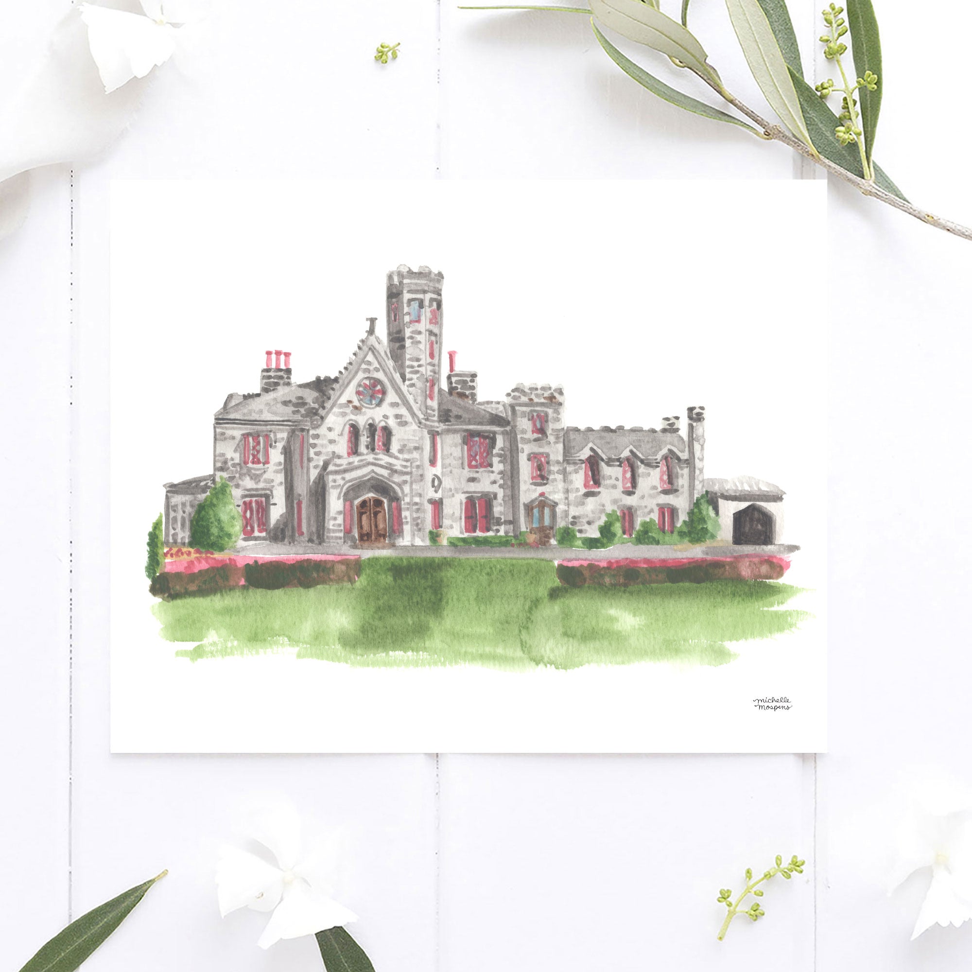 Whitby Castle on Rye Golf Club in Rye New York Watercolor Wall Art Print by Michelle Mospens