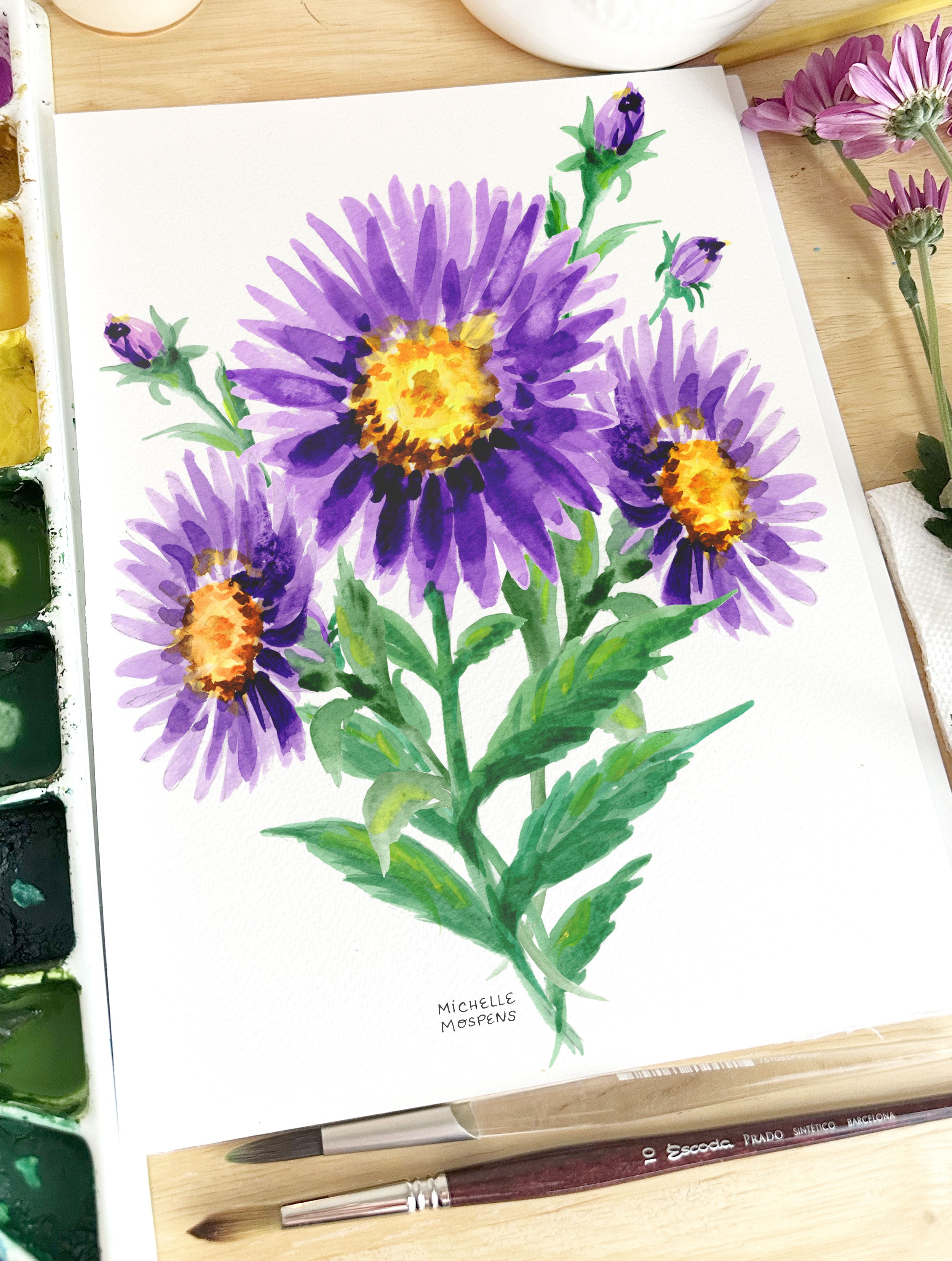 Purple Aster Flowers Botanical Floral Watercolor Wall Art Print by Michelle Mospens
