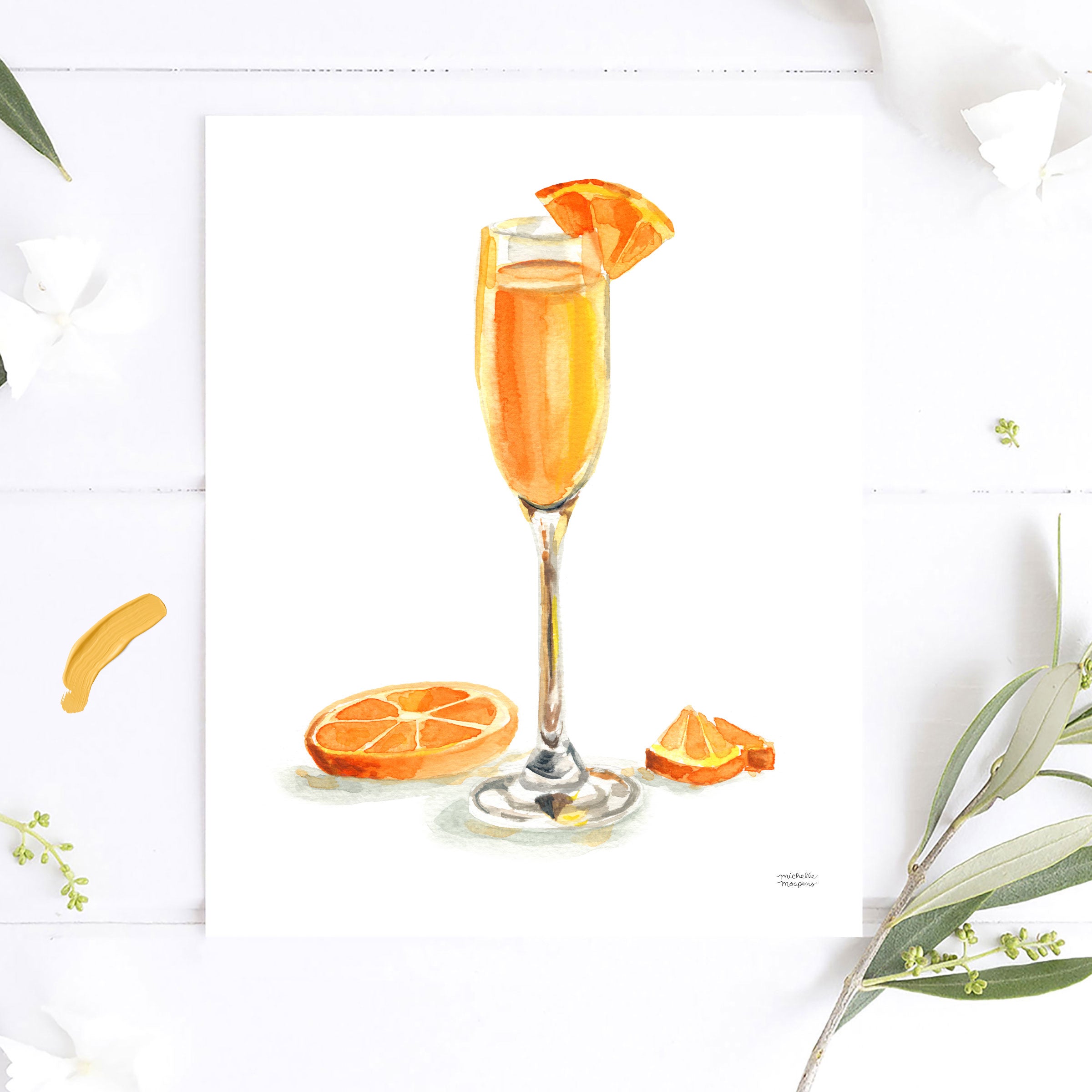 Watercolor Mimosa Drink Wall Art Print | Bar Cart Art, Cocktail Lover Gift