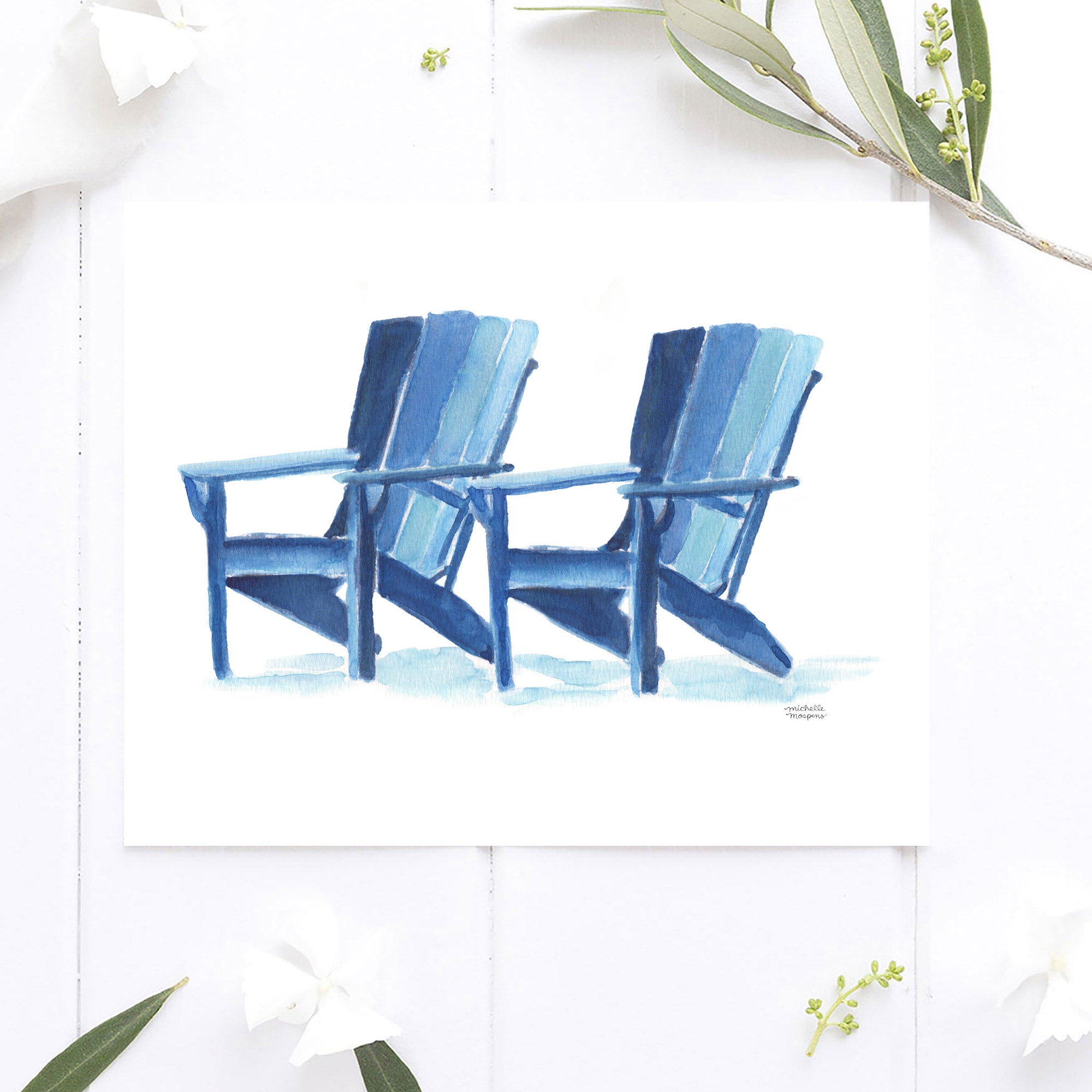 Cute Watercolor Beach Chairs Coastal Wall Art Print by Michelle Mospens