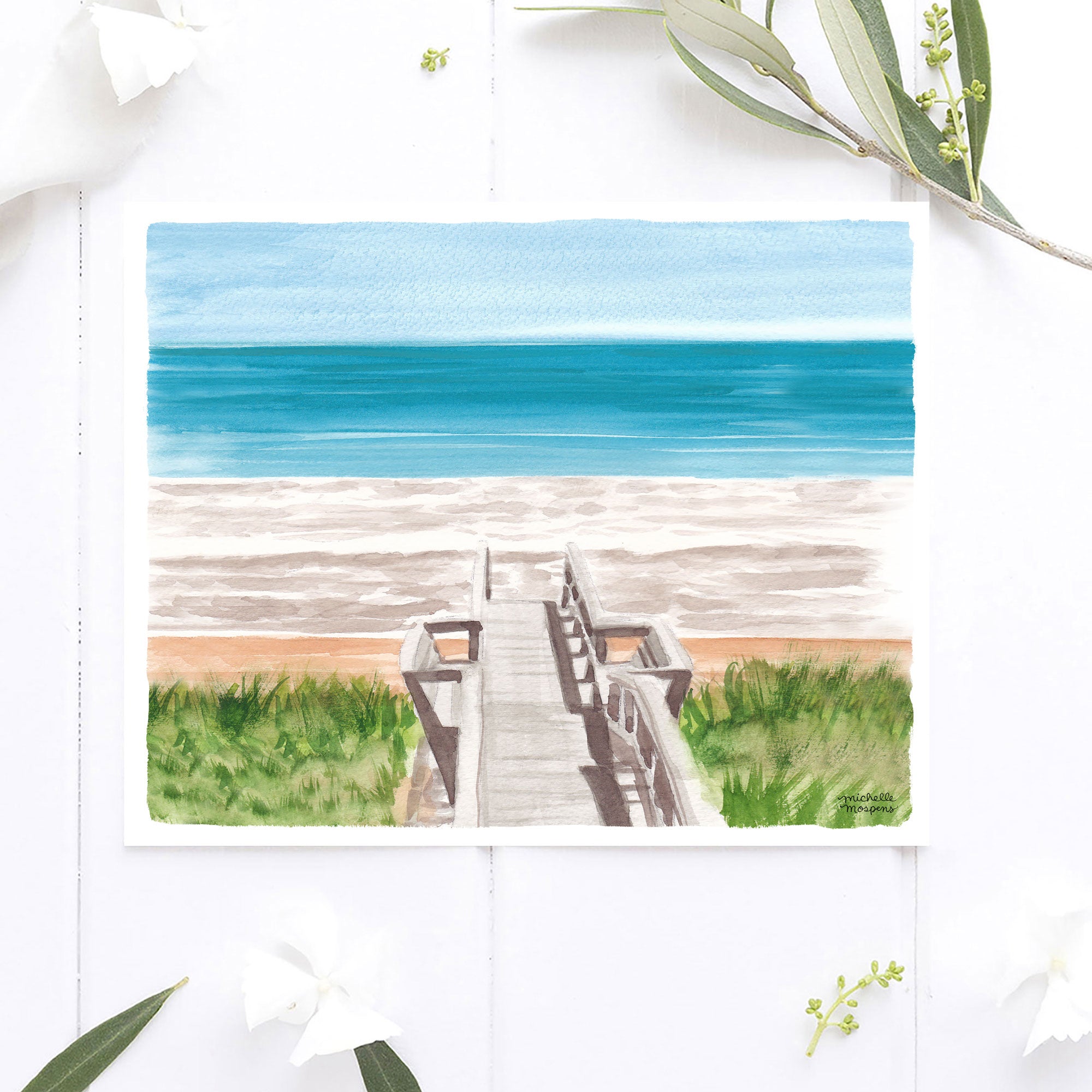Coastal Wall Art Beach Boardwalk Print Watercolor Ocean by Michelle Mospens