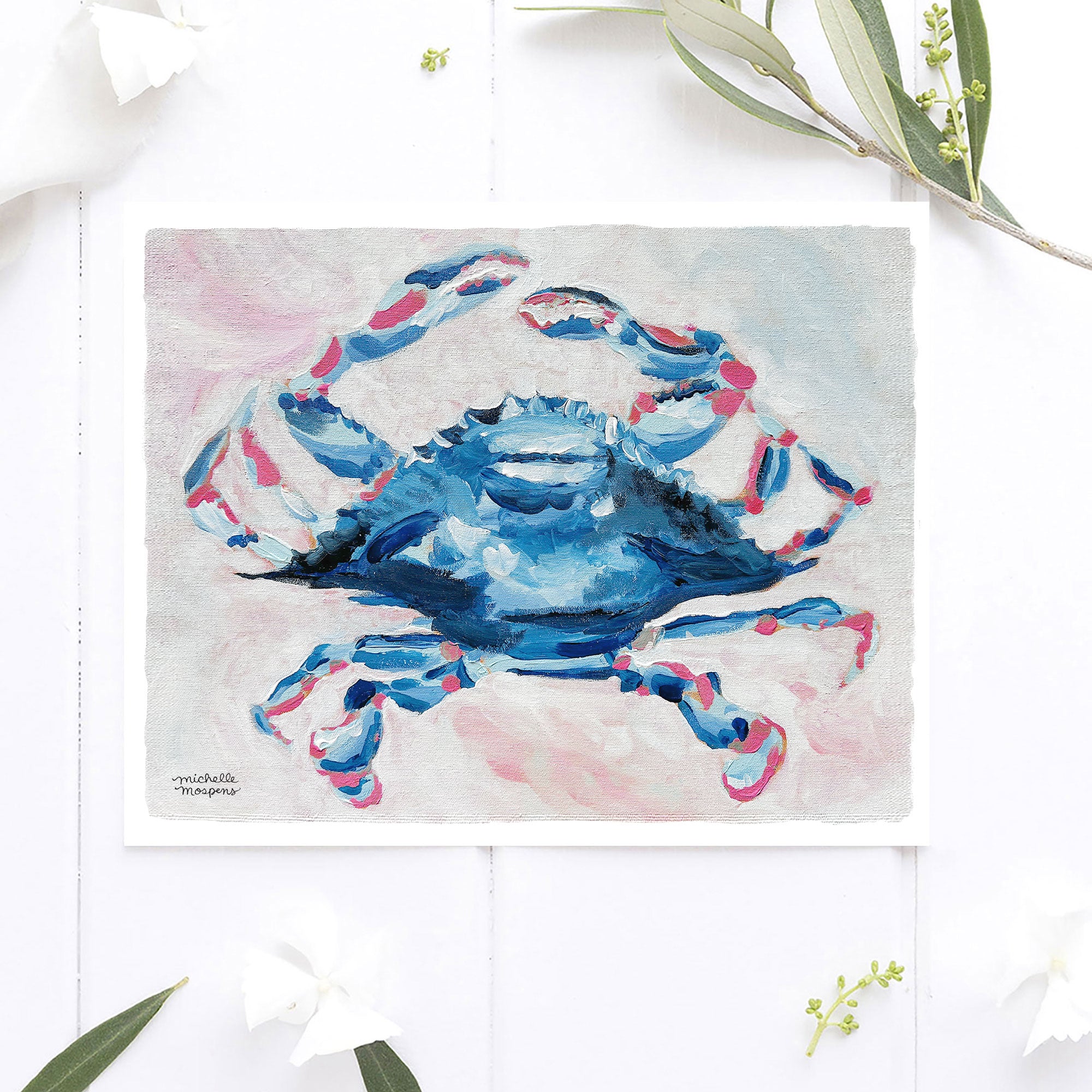 Pinch Me Blue Crab Painting Wall Art Print by Michelle Mospens