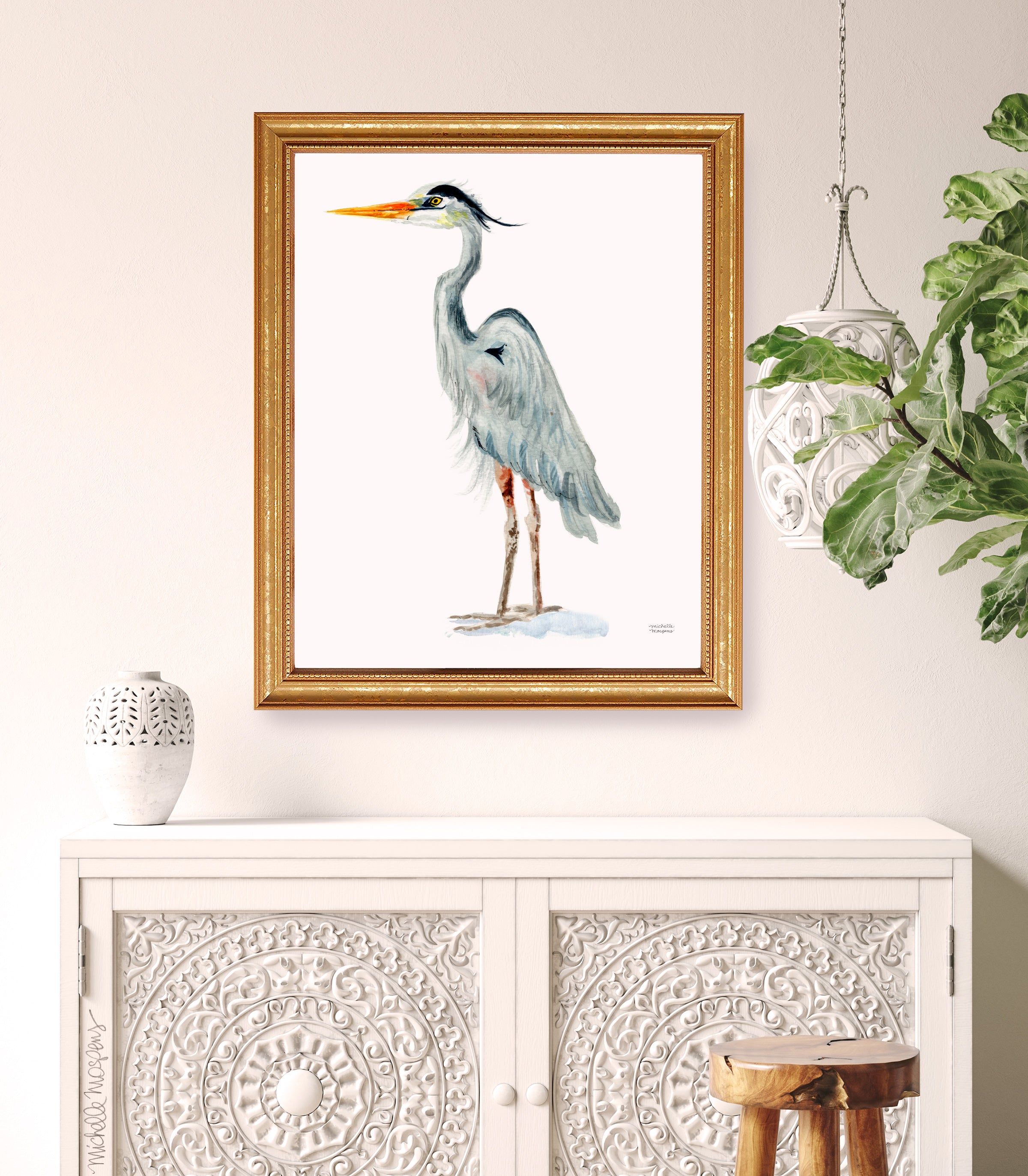 Watercolor Coastal Great Blue Heron Beach Bird Wall Art Print by Michelle Mospens