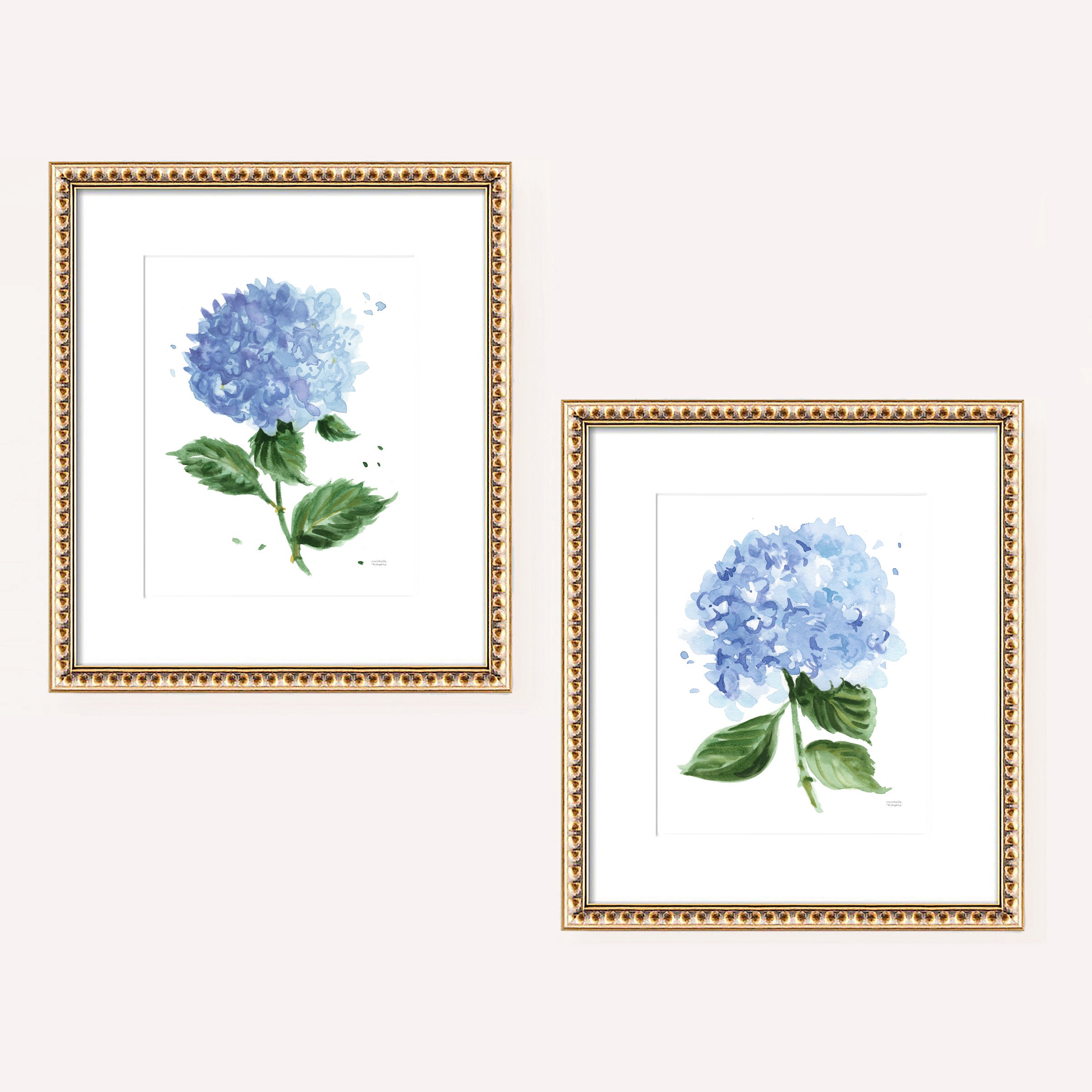 Cute Blue Hydrangea Flowers Watercolor Floral Wall Art Print Set of 2