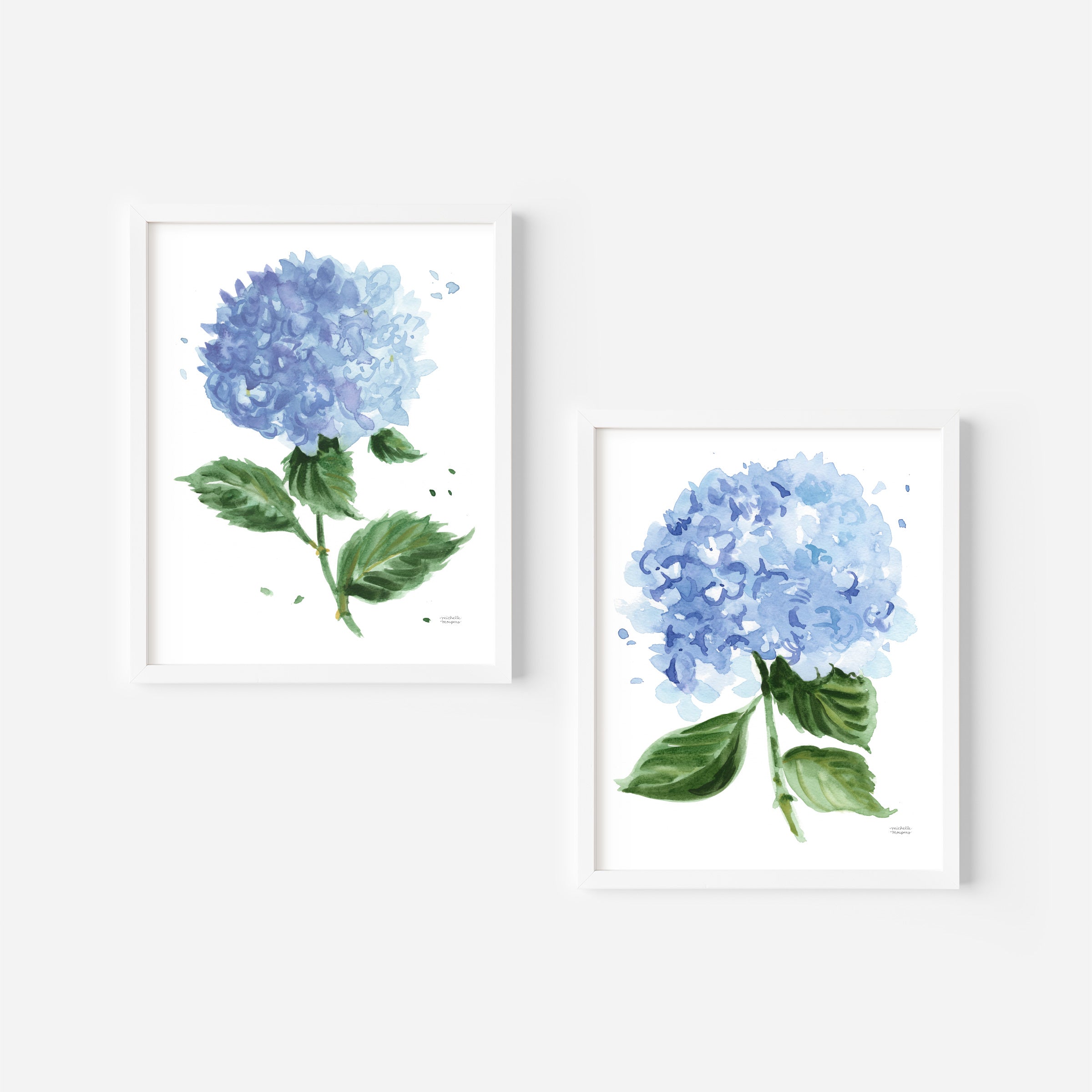 Cute Blue Hydrangea Flowers Watercolor Floral Wall Art Print Set of 2
