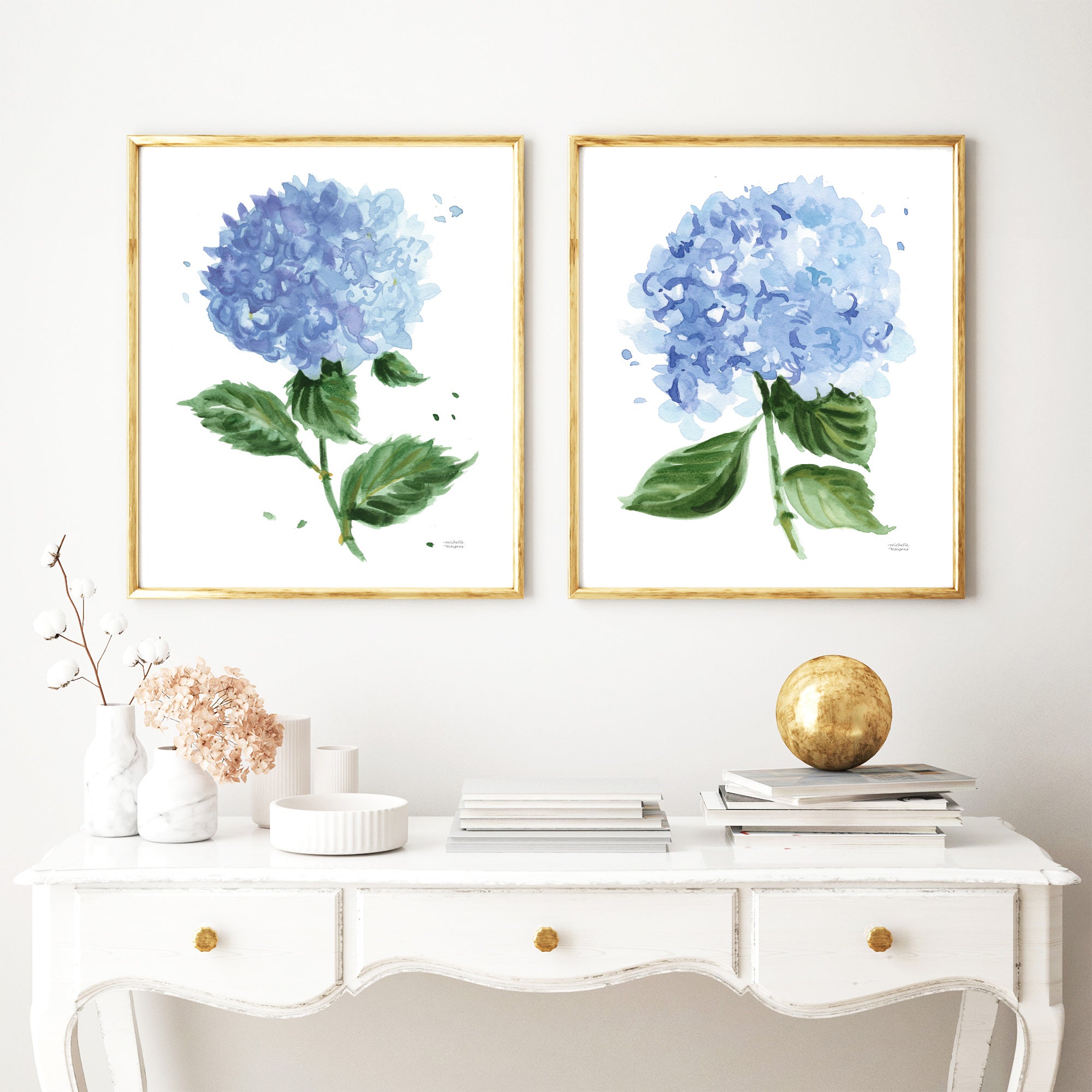 Cute Blue Hydrangea Flowers Watercolor Floral Wall Art Print Set of 2