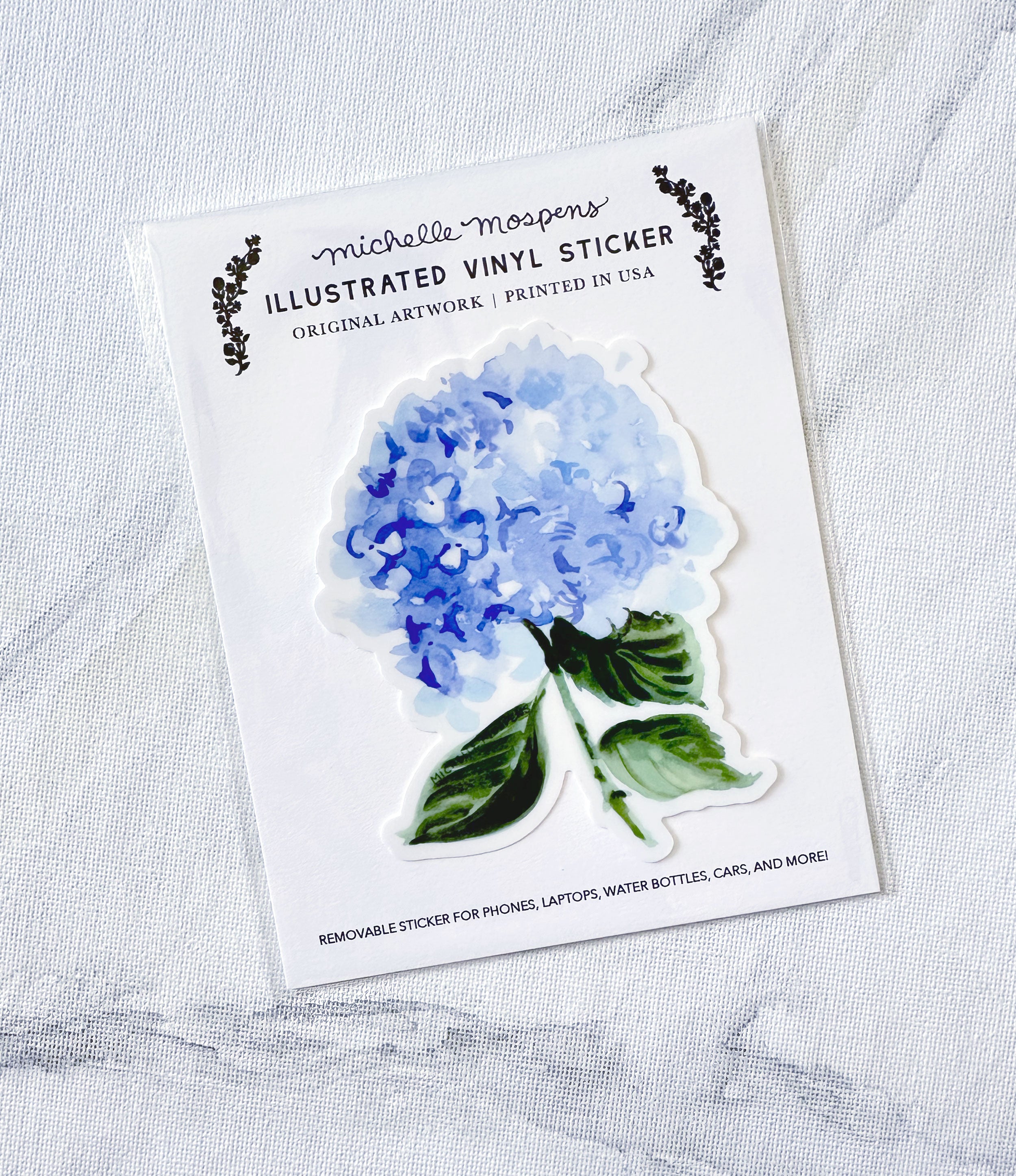 Watercolor Blue Hydrangea Flower Art Die-cut Vinyl Sticker, removable, for laptops, waterbottles, cars, and more!