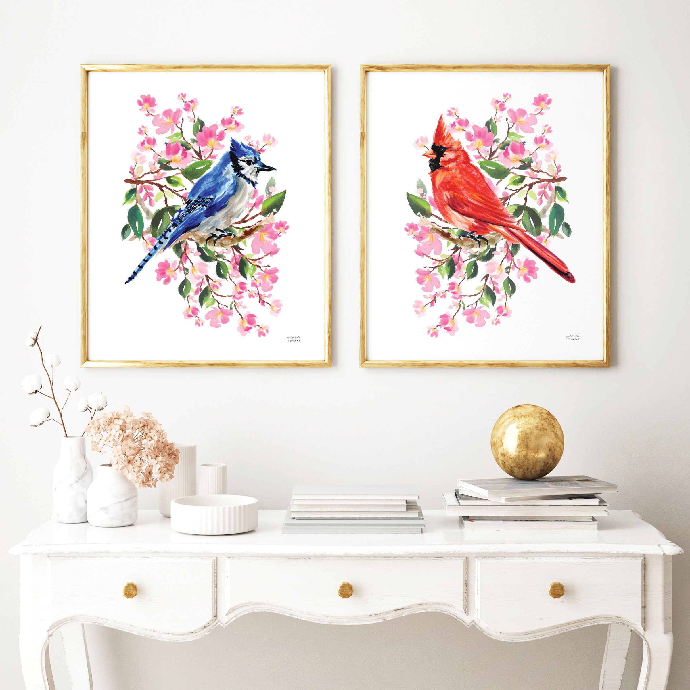 Watercolor Cardinal & Blue Jay Set of 2 Wall Art | Michelle Mospens