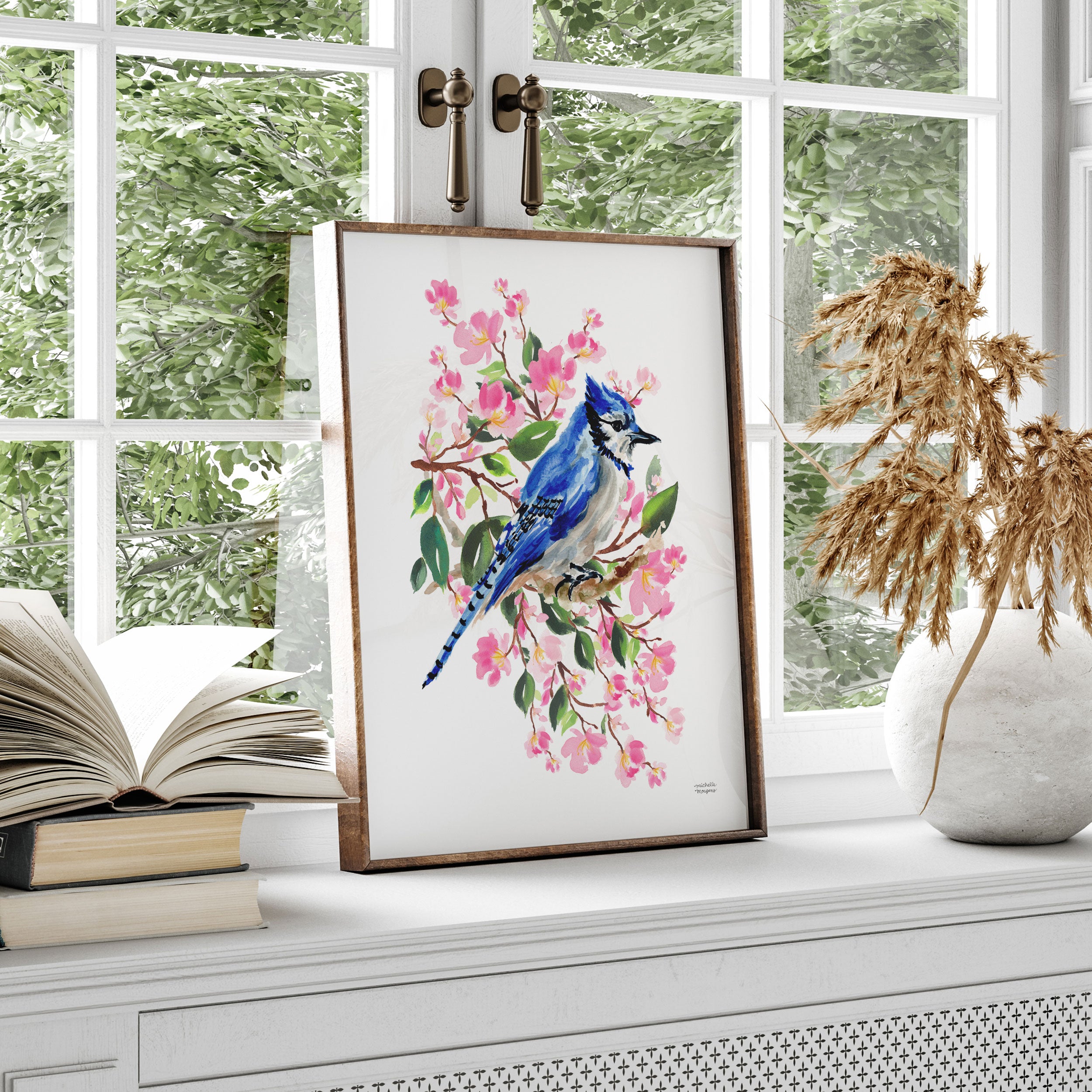 Blue Jay Bird and Cherry Blossoms Watercolor Wall Art Print by Michelle Mospens, Unframed