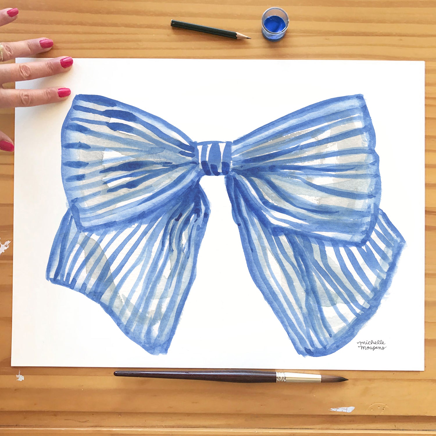 Cute Preppy Fashion Bow Girly Watercolor Blue Wall Art Print