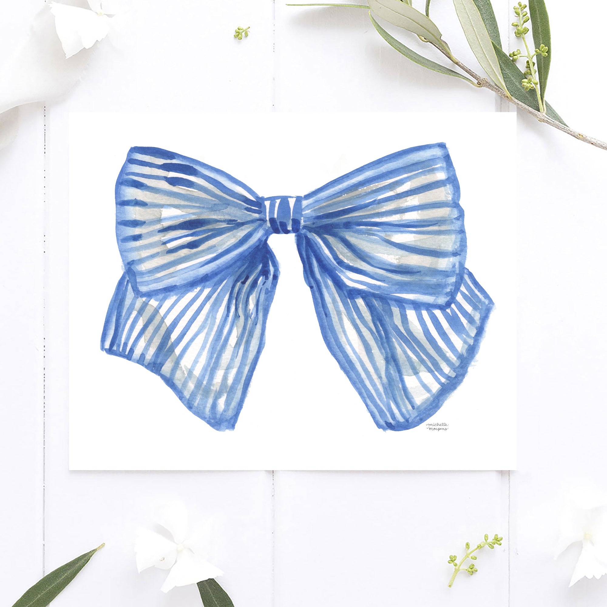 Cute Preppy Fashion Bow Girly Watercolor Blue Wall Art Print