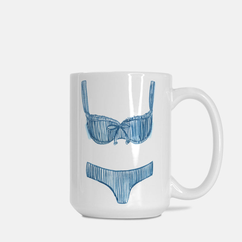 Blue Striped Watercolor Bikini Bathing Suit Beach Lover Coffee Mug 15oz.