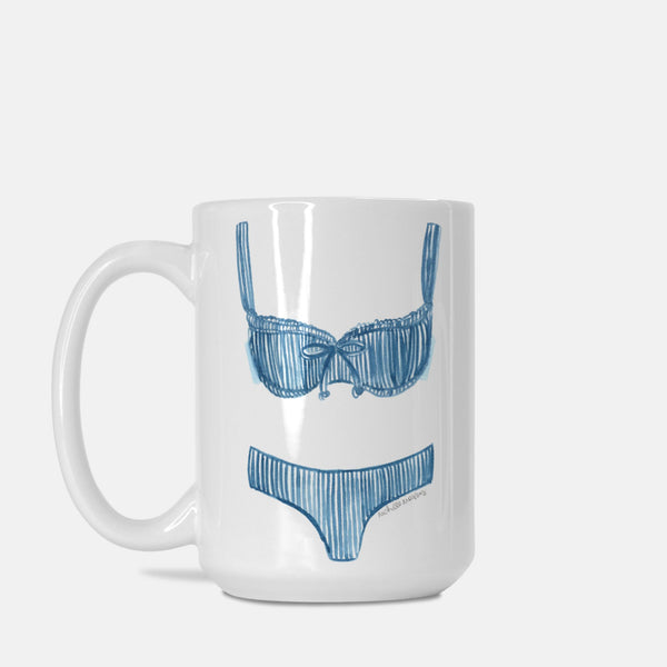 Blue Striped Watercolor Bikini Bathing Suit Beach Lover Coffee Mug 15oz.