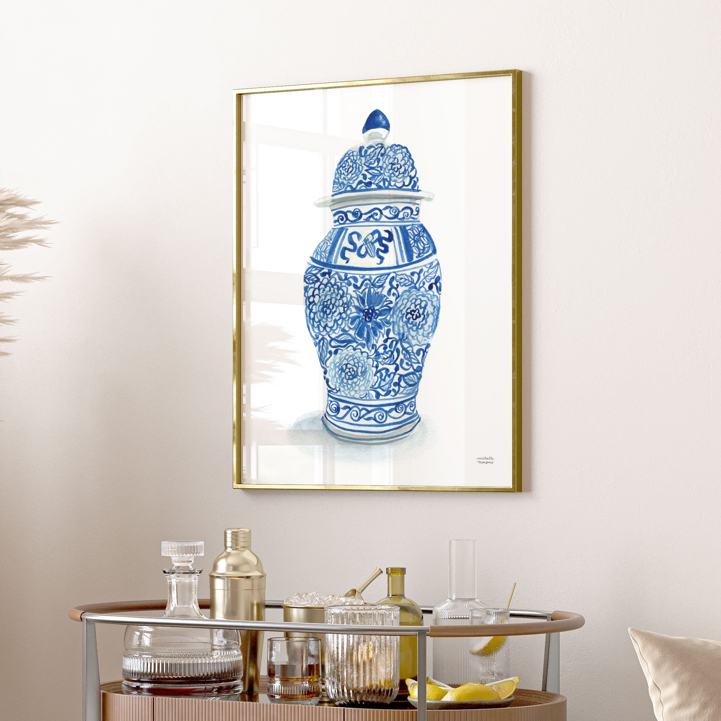 Blue and White Chinoiserie Ginger Jar Vase Watercolor Wall Art Print by Michelle Mospens