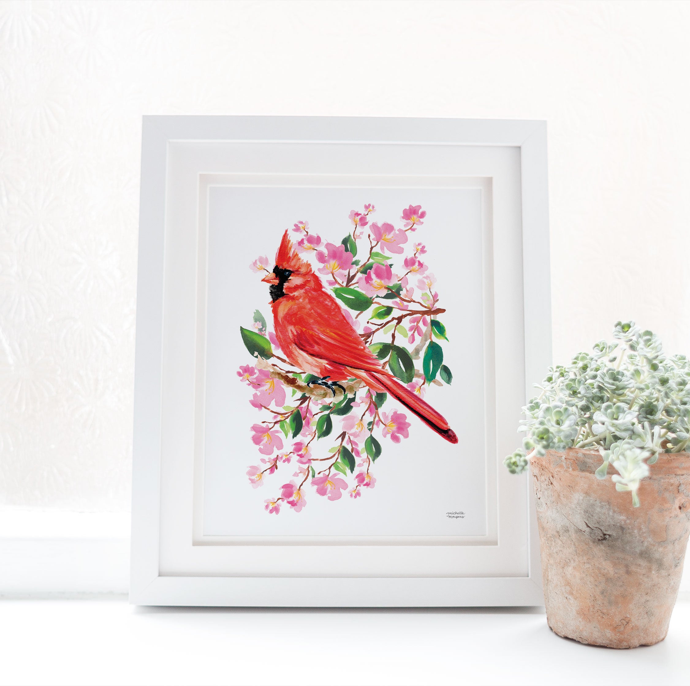 Watercolor Red Cardinal Bird Wall Art Print | Michelle Mospens