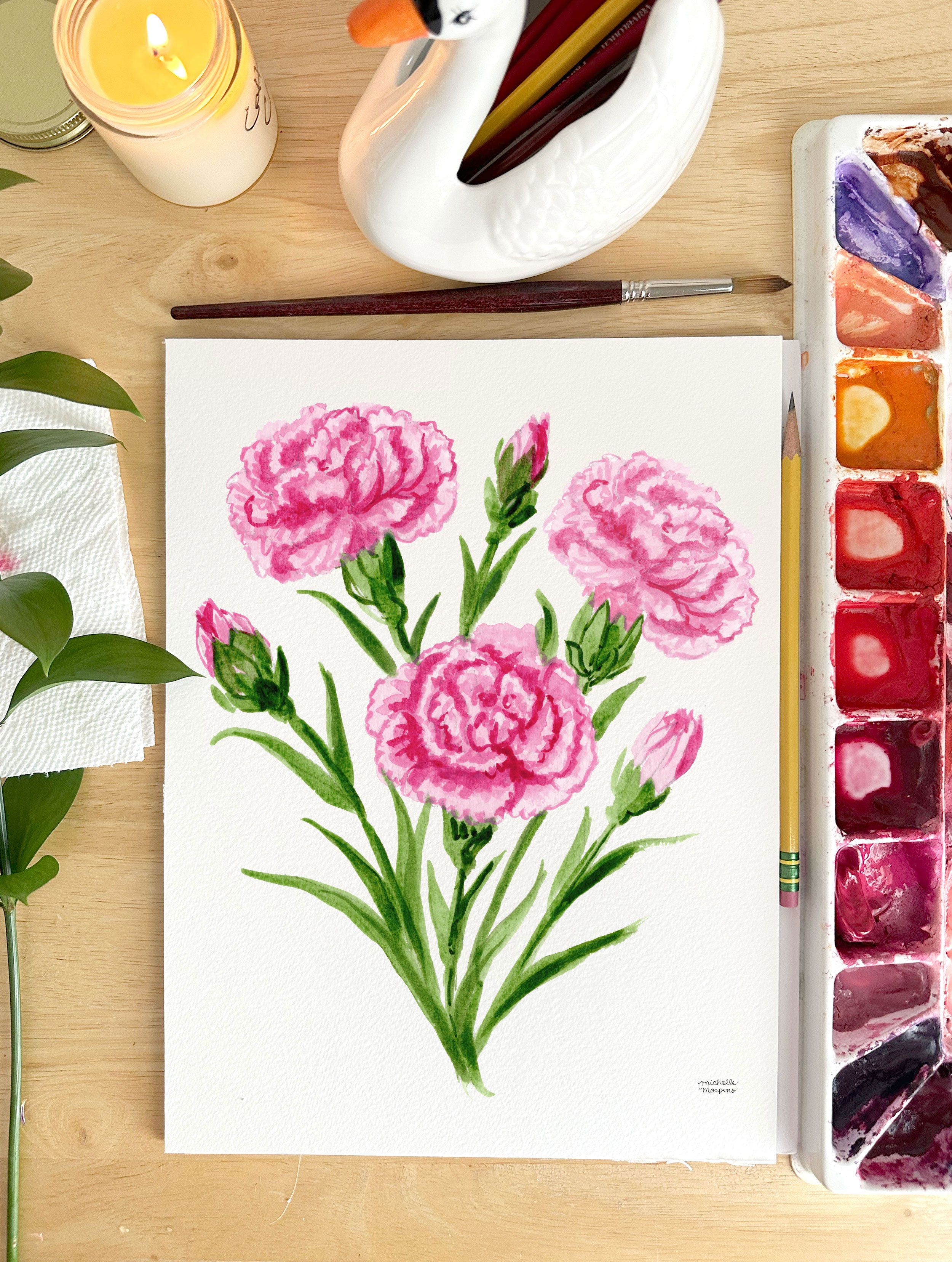 Pink Carnation Flowers Botanical Floral Watercolor Wall Art Print by Michelle Mospens