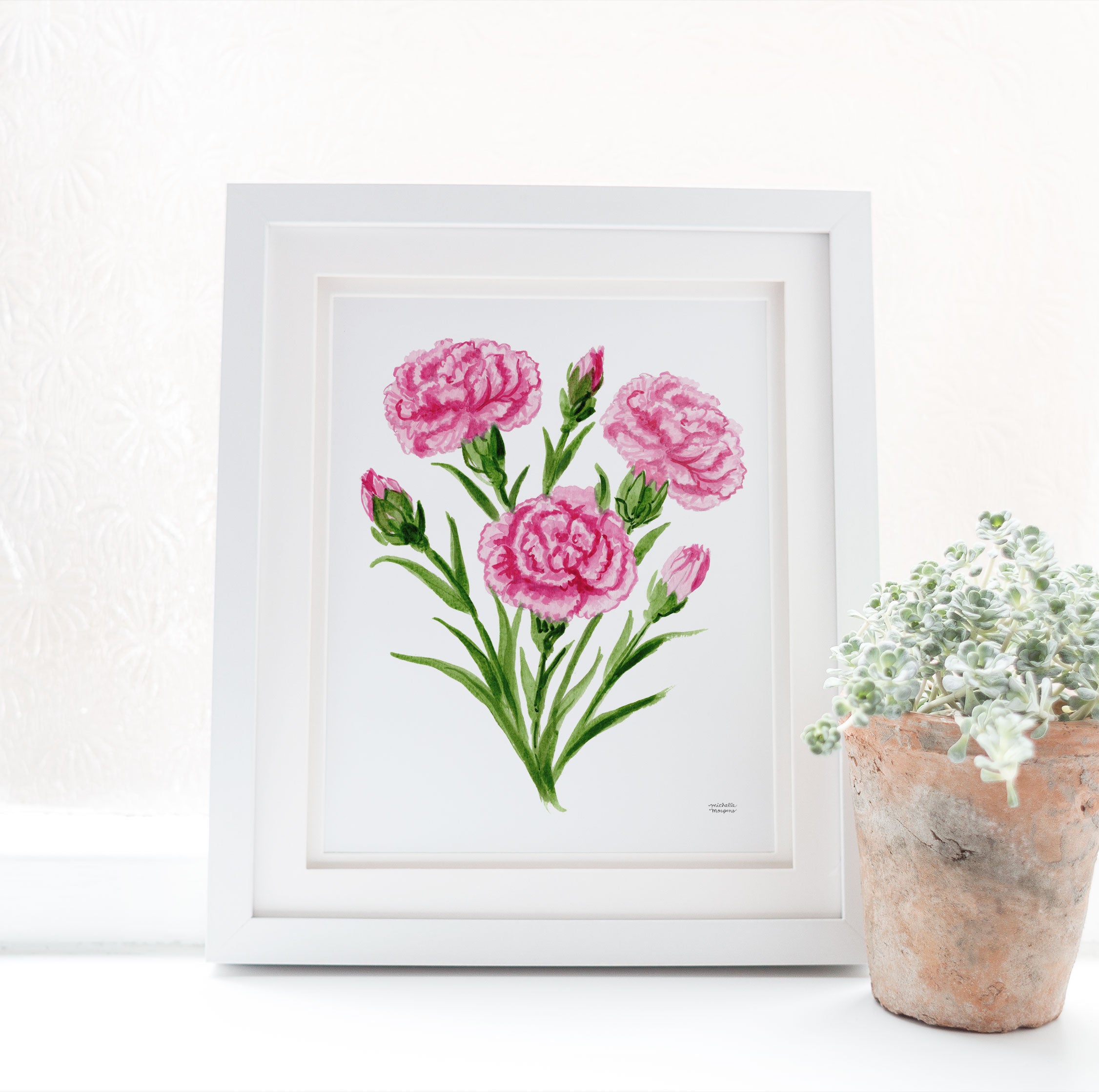 Pink Carnation Flowers Botanical Floral Watercolor Wall Art Print by Michelle Mospens