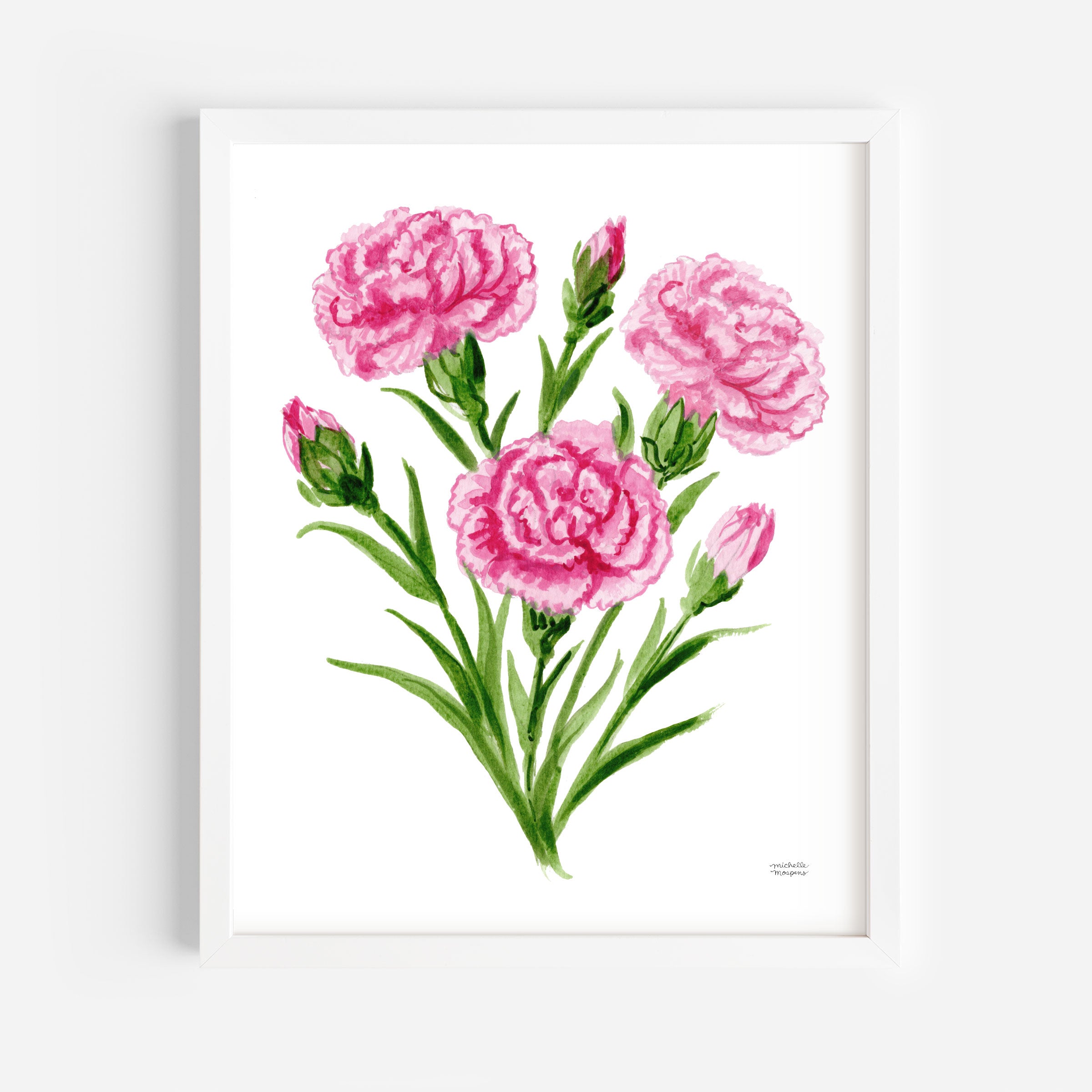Pink Carnation Flowers Botanical Floral Watercolor Wall Art Print by Michelle Mospens