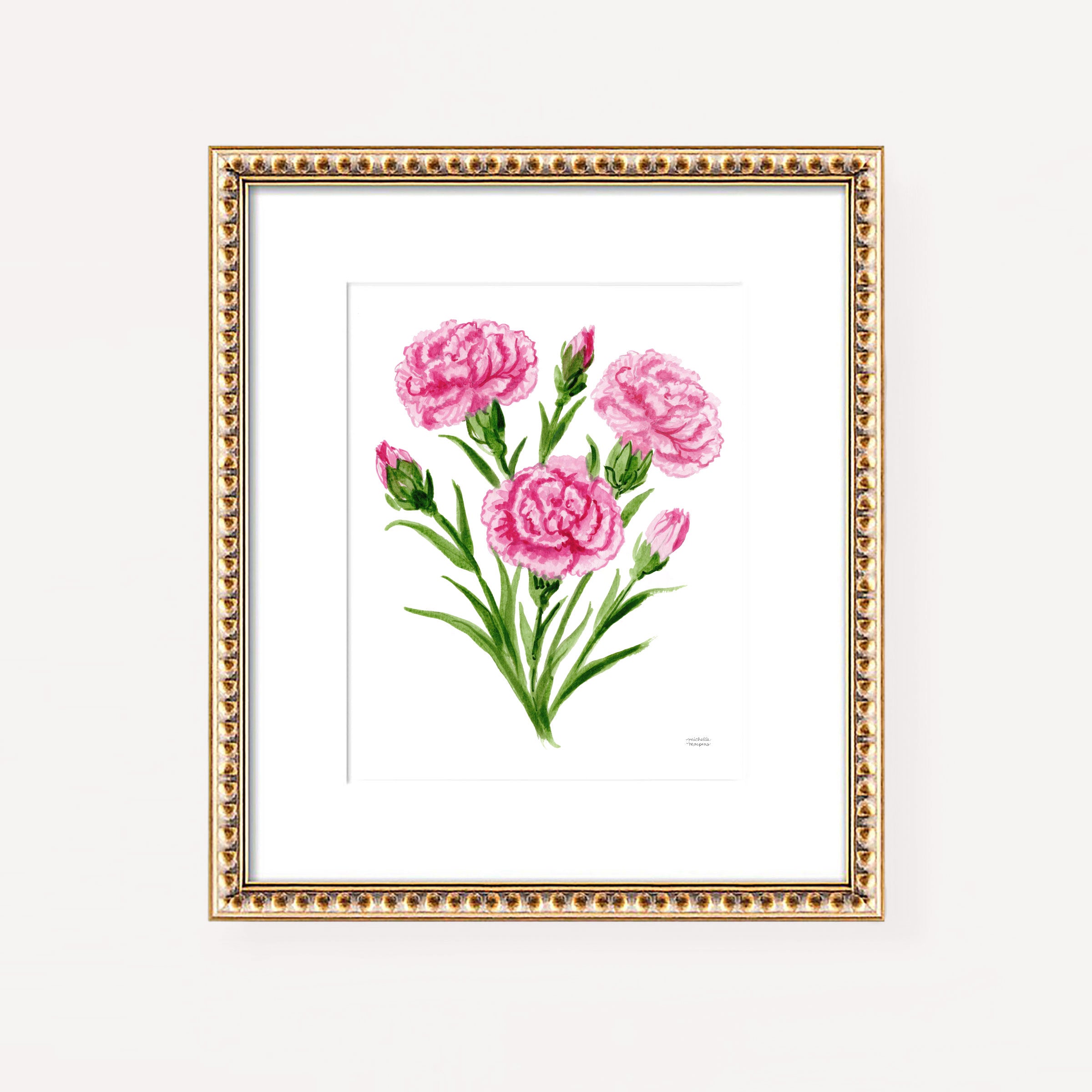 Pink Carnation Flowers Botanical Floral Watercolor Wall Art Print by Michelle Mospens
