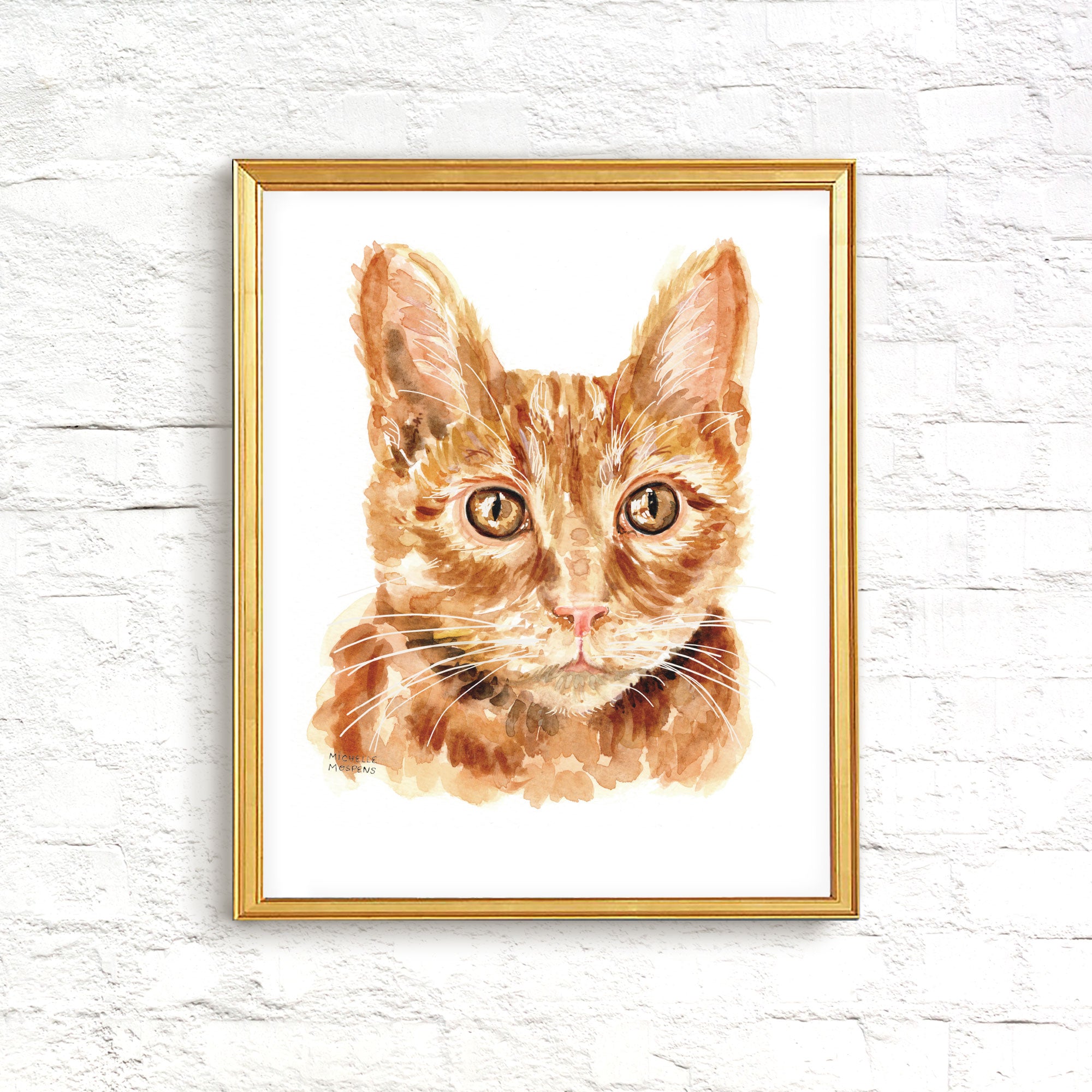 Ginger Tabby Cat Portrait Watercolor Wall Art Print by Michelle Mospens