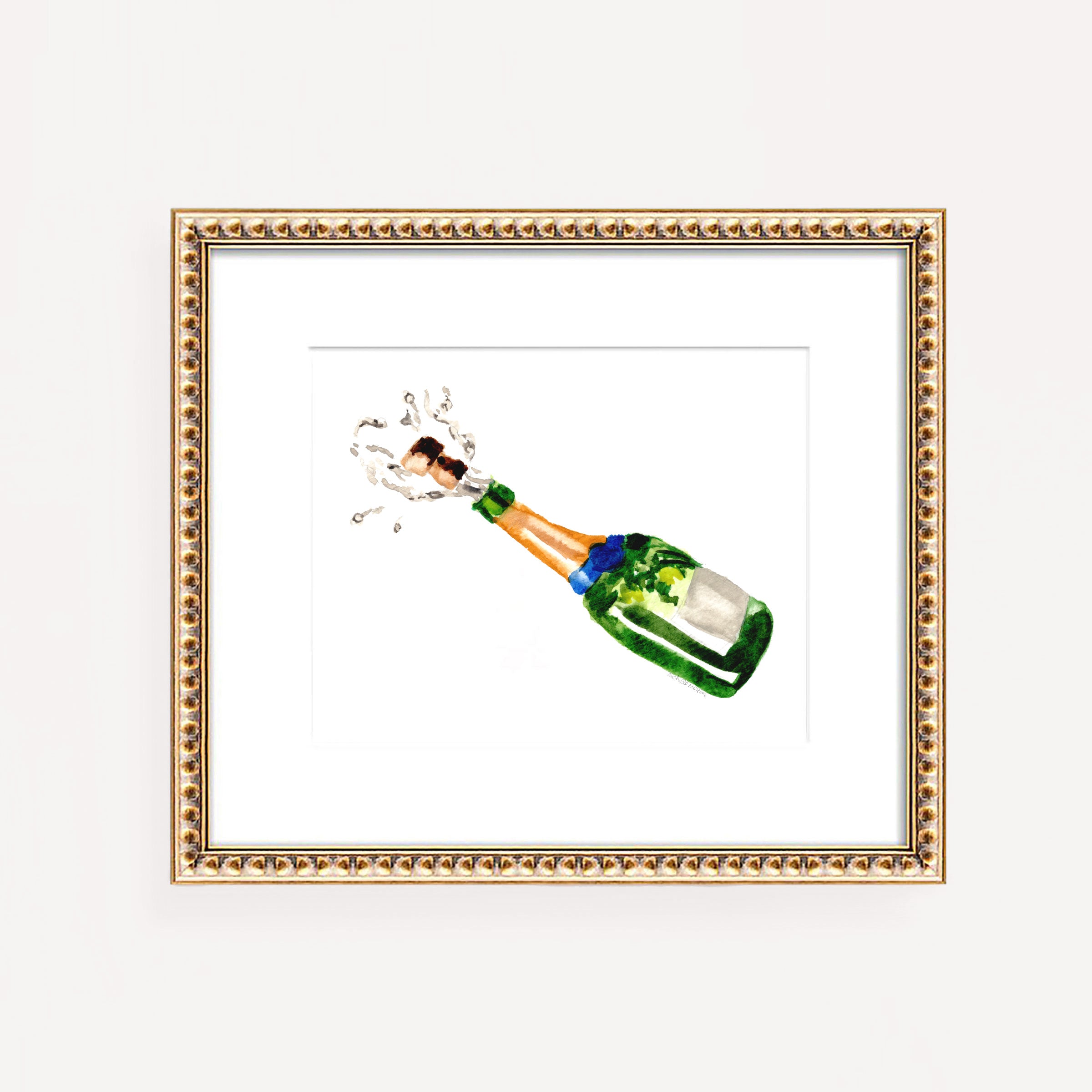 Watercolor Cheers Champagne Bottle Wall Art Print by Michelle Mospens