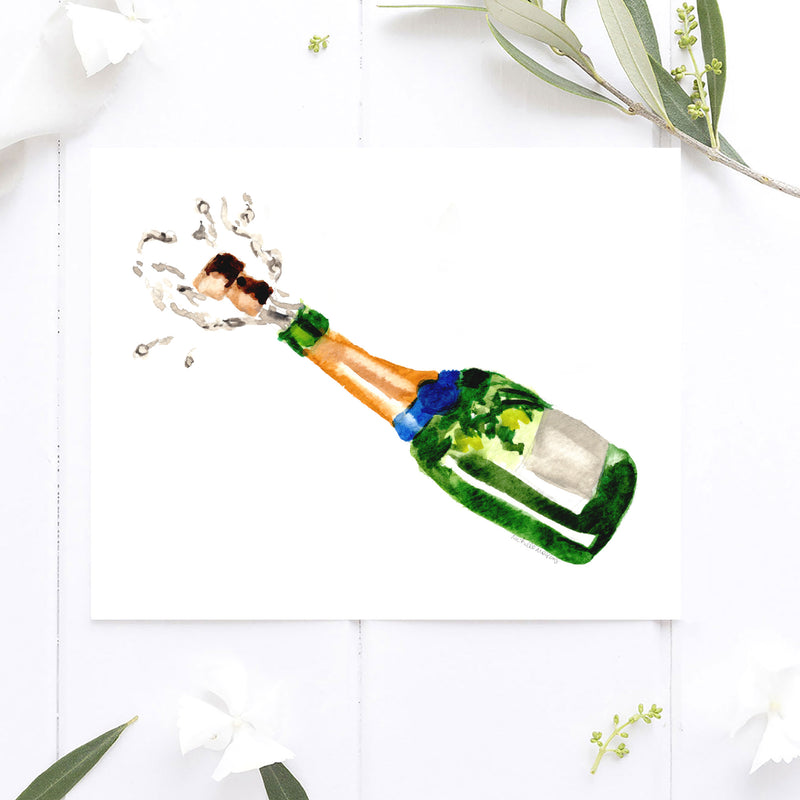Watercolor Cheers Champagne Bottle Wall Art Print by Michelle Mospens