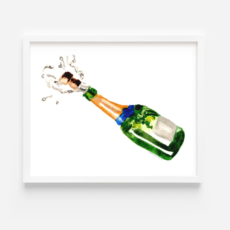 Watercolor Cheers Champagne Bottle Wall Art Print by Michelle Mospens