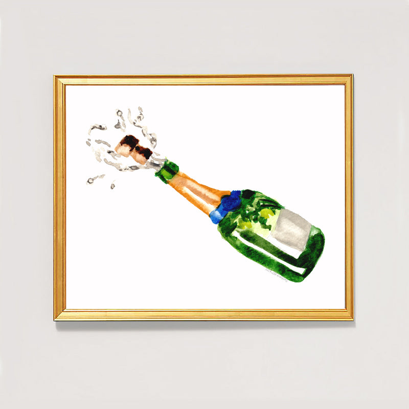 Watercolor Cheers Champagne Bottle Wall Art Print by Michelle Mospens