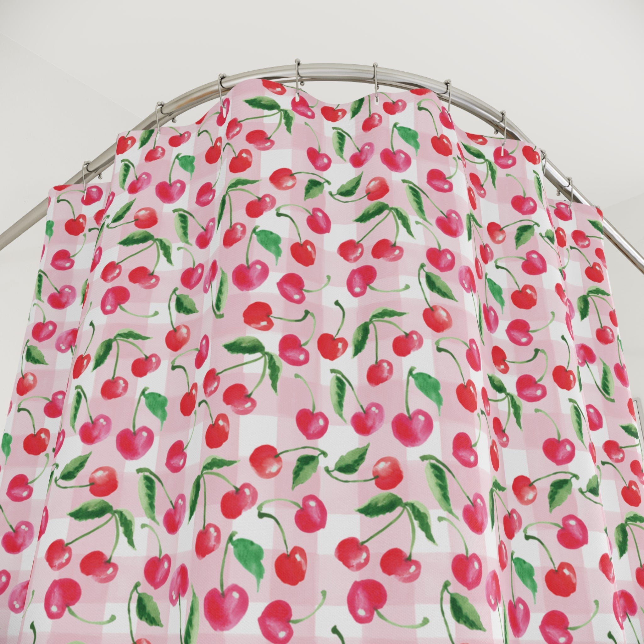 Watercolor Coquette Cottage Cherry Gingham Shower Curtain