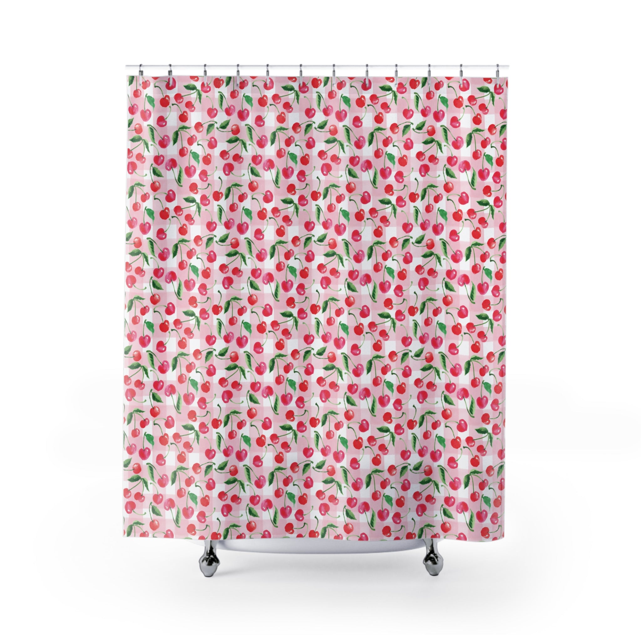 Watercolor Coquette Cottage Cherry Gingham Shower Curtain