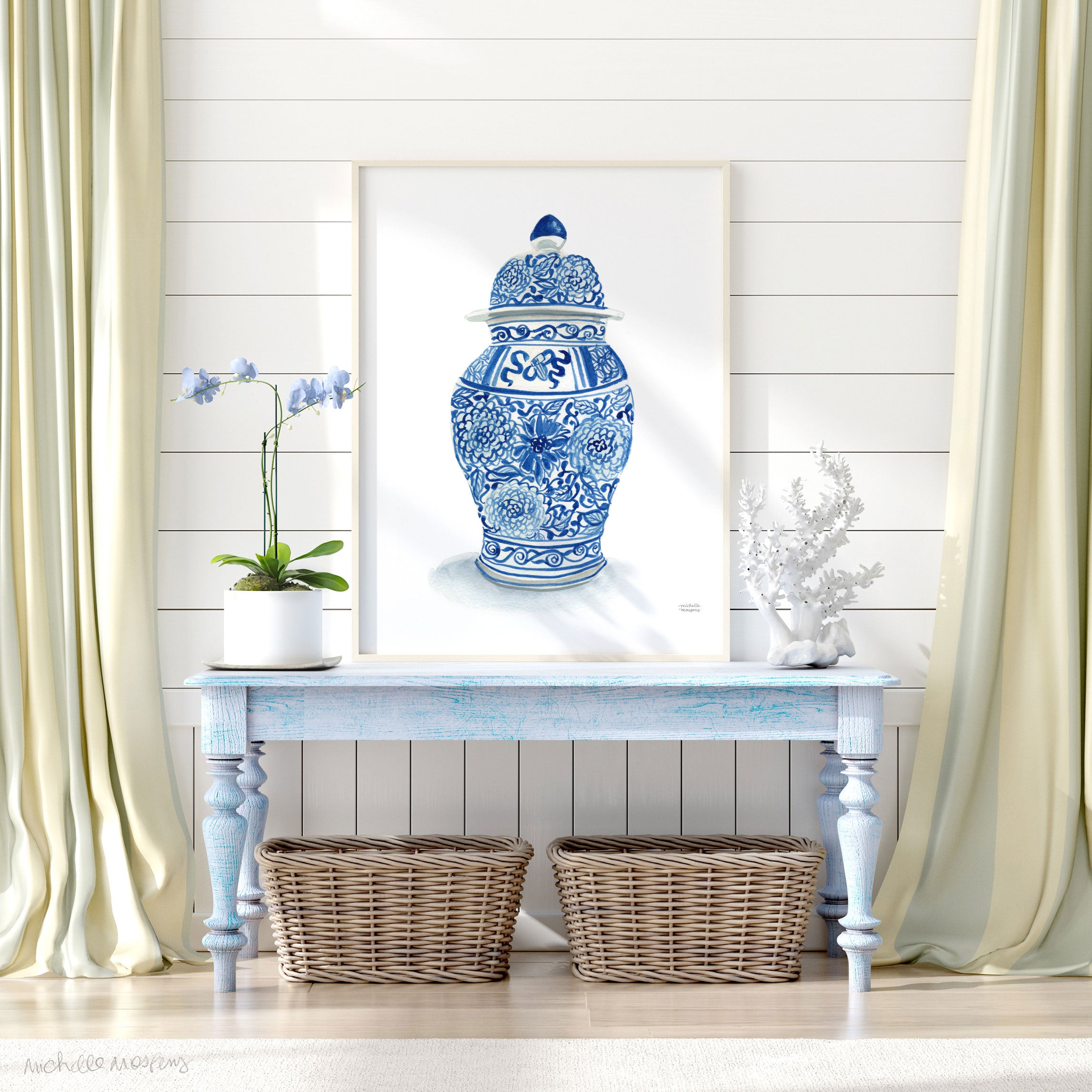 Blue and White Chinoiserie Ginger Jar Vase Watercolor Wall Art Print by Michelle Mospens
