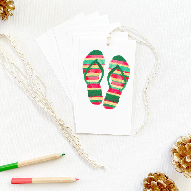 Set of Illustrated Christmas Gift Tags: Watercolor Beach Flip Flops Holiday Gift Tags