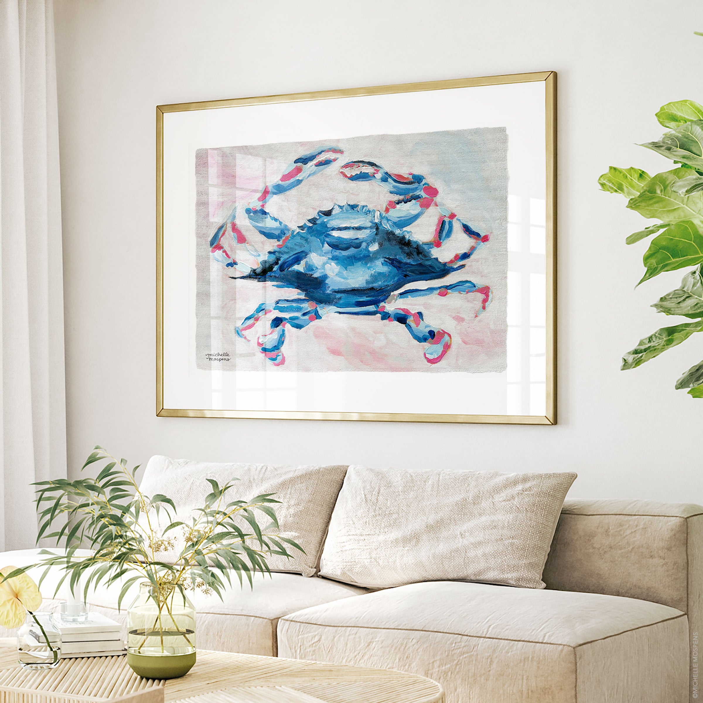 Pinch Me Blue Crab Painting Wall Art Print by Michelle Mospens