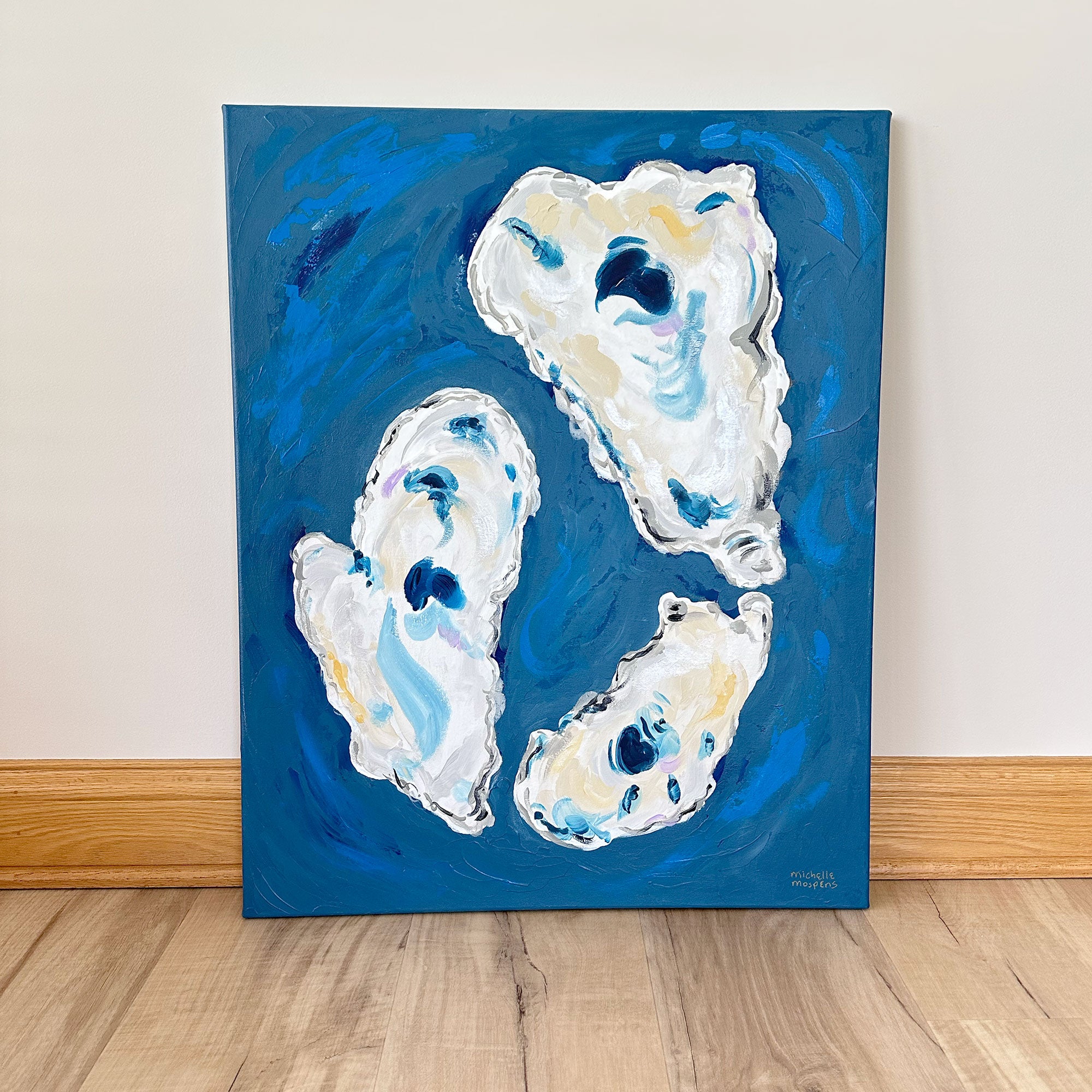 Coastal Trio | Blue Oyster Shells Original Large Canvas Painting