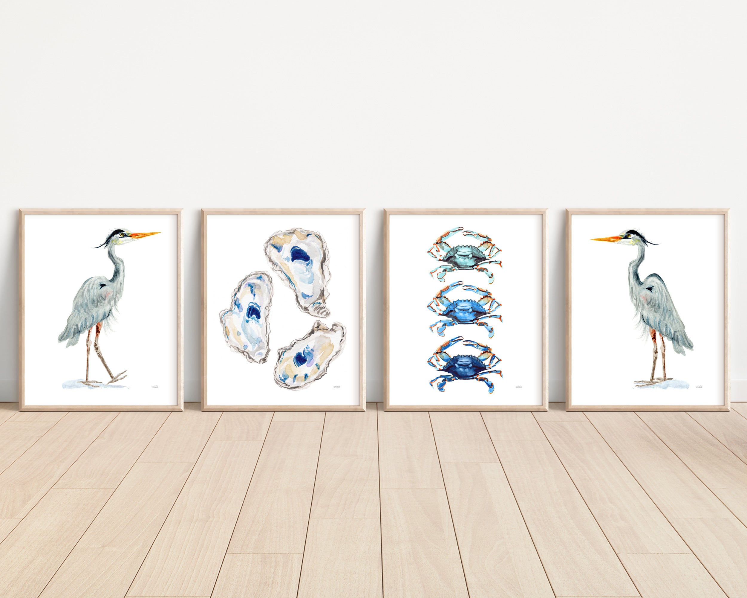 Watercolor Coastal Sea Life Wall Art Prints Set of 4 by Michelle Mospens