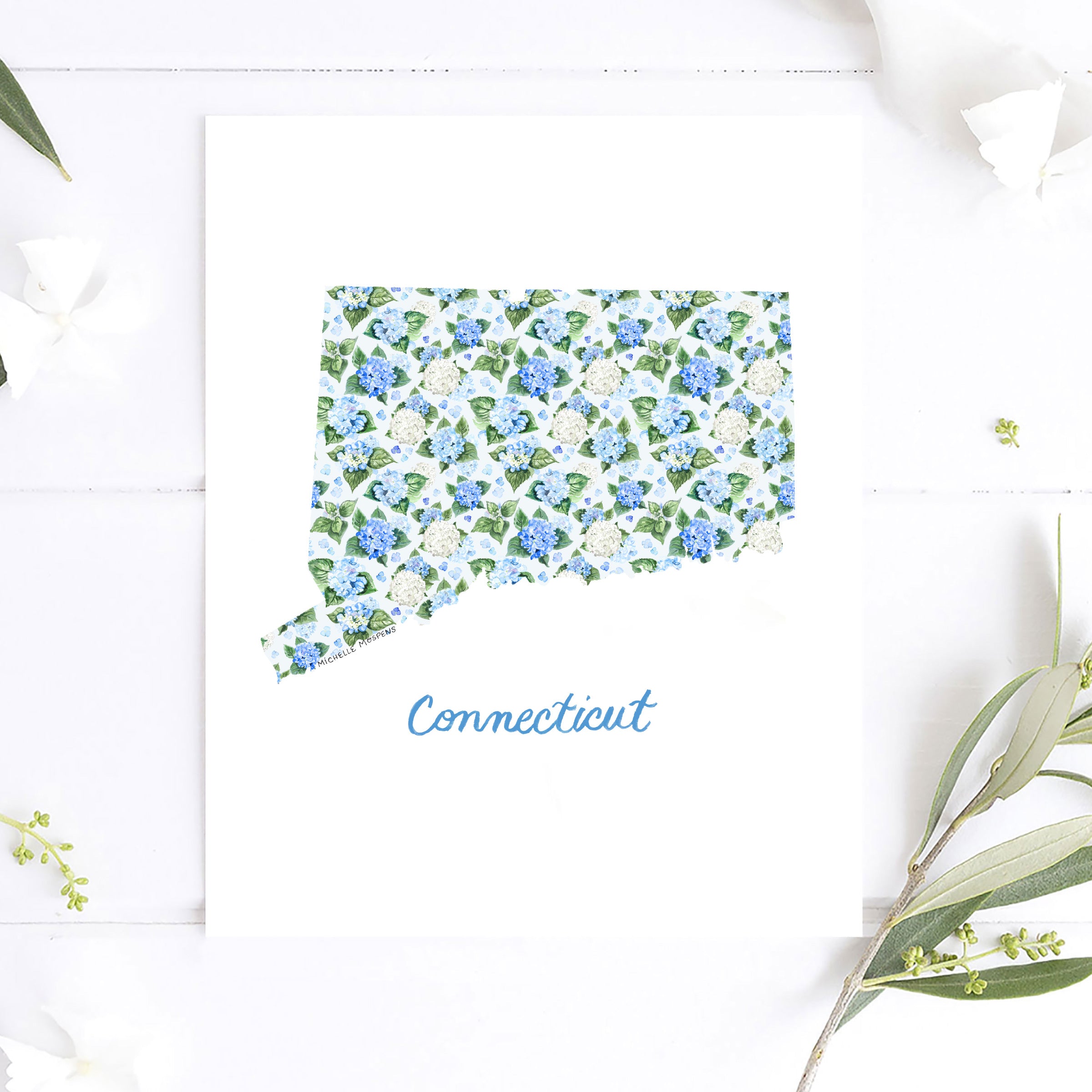 Connecticut State Watercolor Wall Art Print by Michelle Mospens | Cute Connecticut Gift