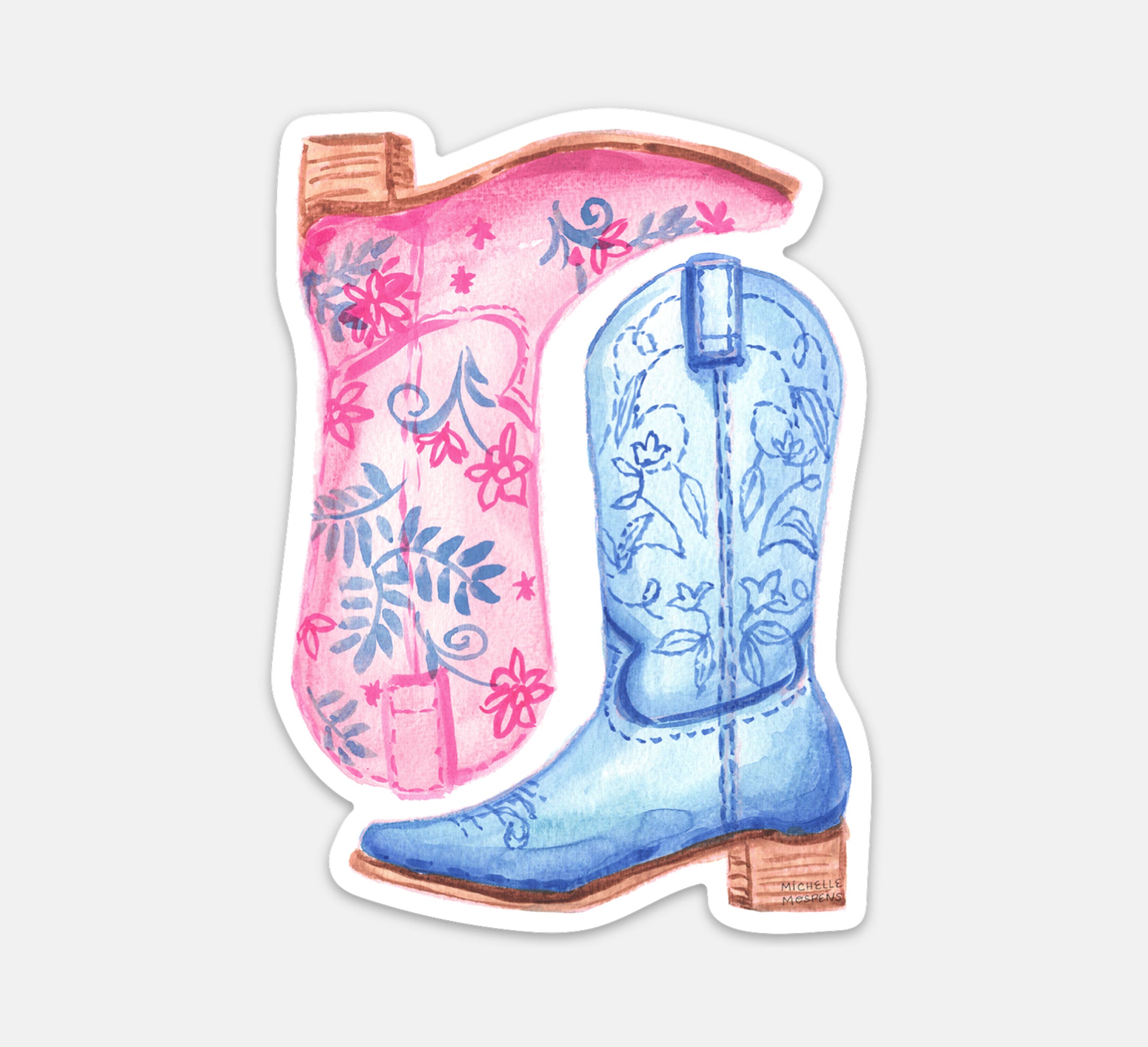 Cowboy and Cowgirl Western Boots Watercolor Illustrated Die-cut Sticker