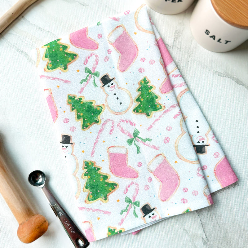 Cute Pink Watercolor Christmas Cookies Cotton Kitchen Tea Towel by Michelle Mospens