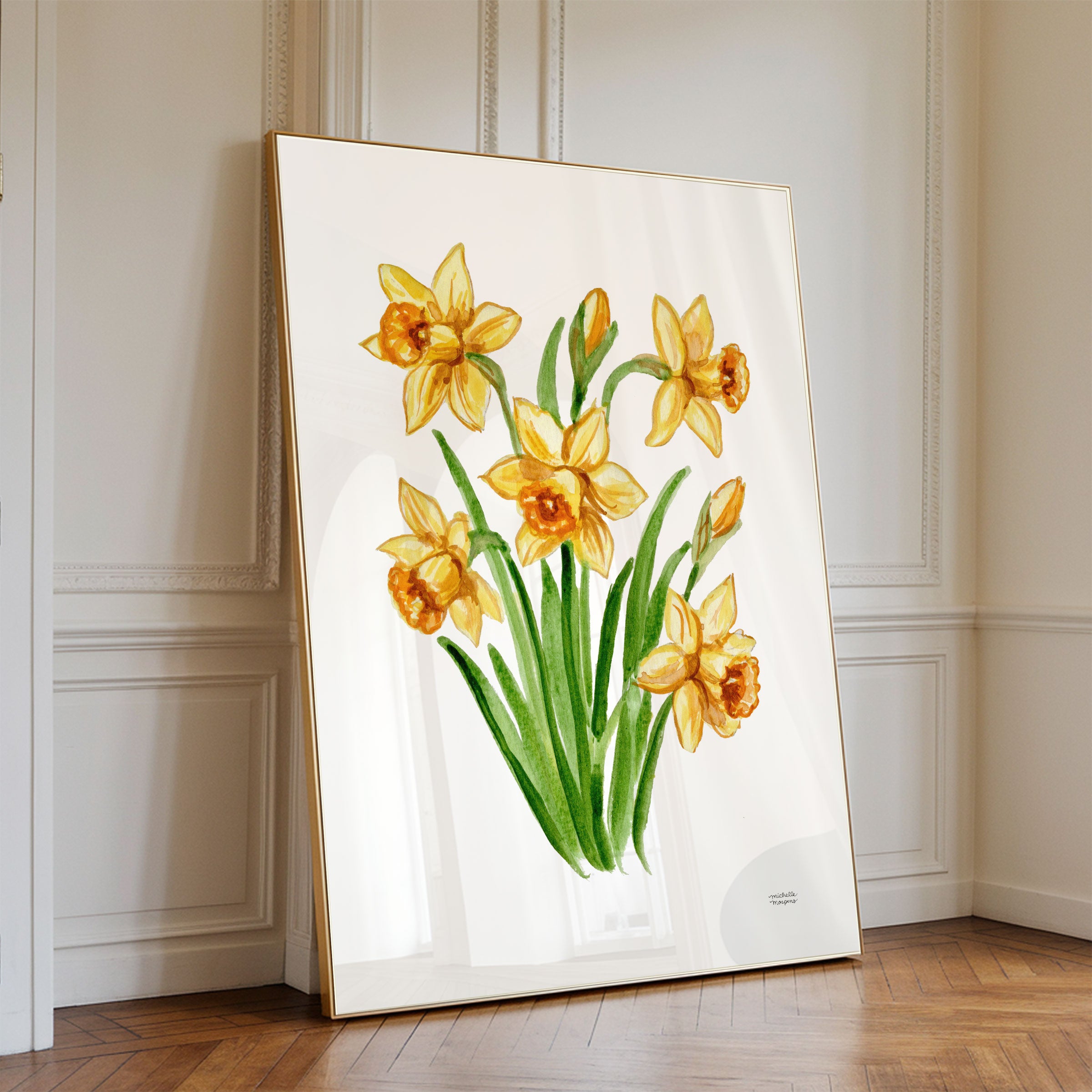 Yellow Daffodil Flowers Botanical Floral Watercolor Wall Art Print by Michelle Mospens