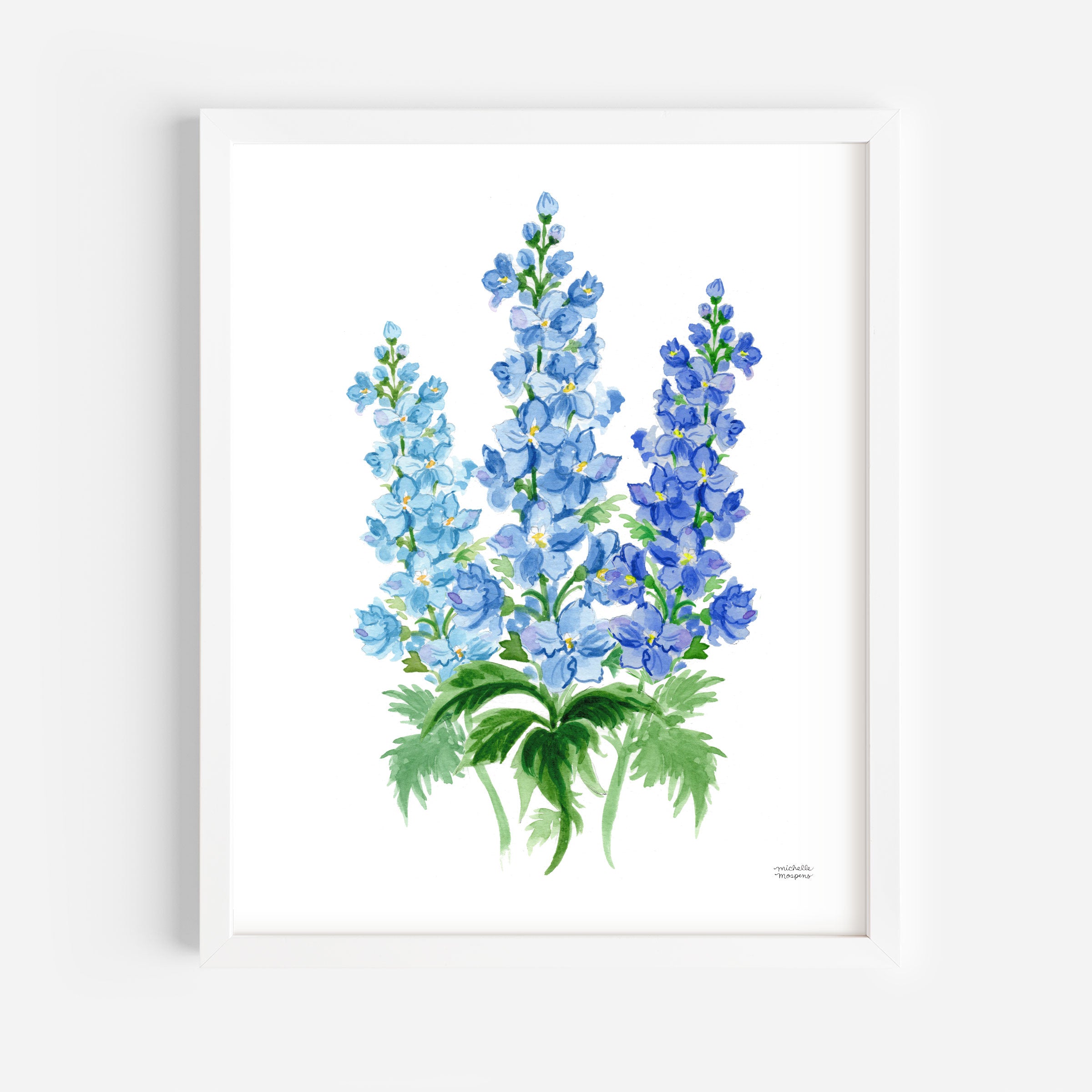 Blue Delphinium Flowers Botanical Floral Watercolor Wall Art Print by Michelle Mospens