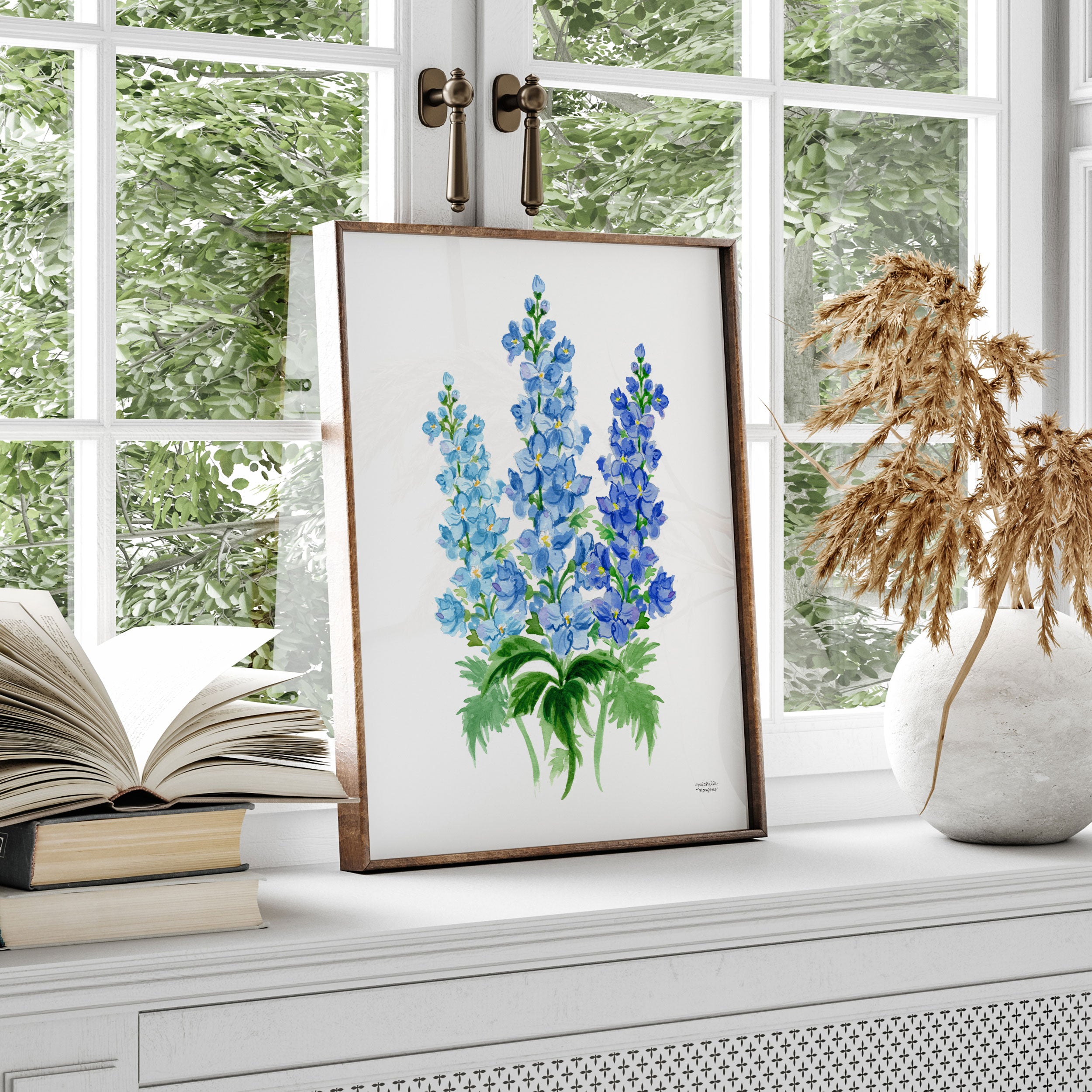 Blue Delphinium Flowers Botanical Floral Watercolor Wall Art Print by Michelle Mospens