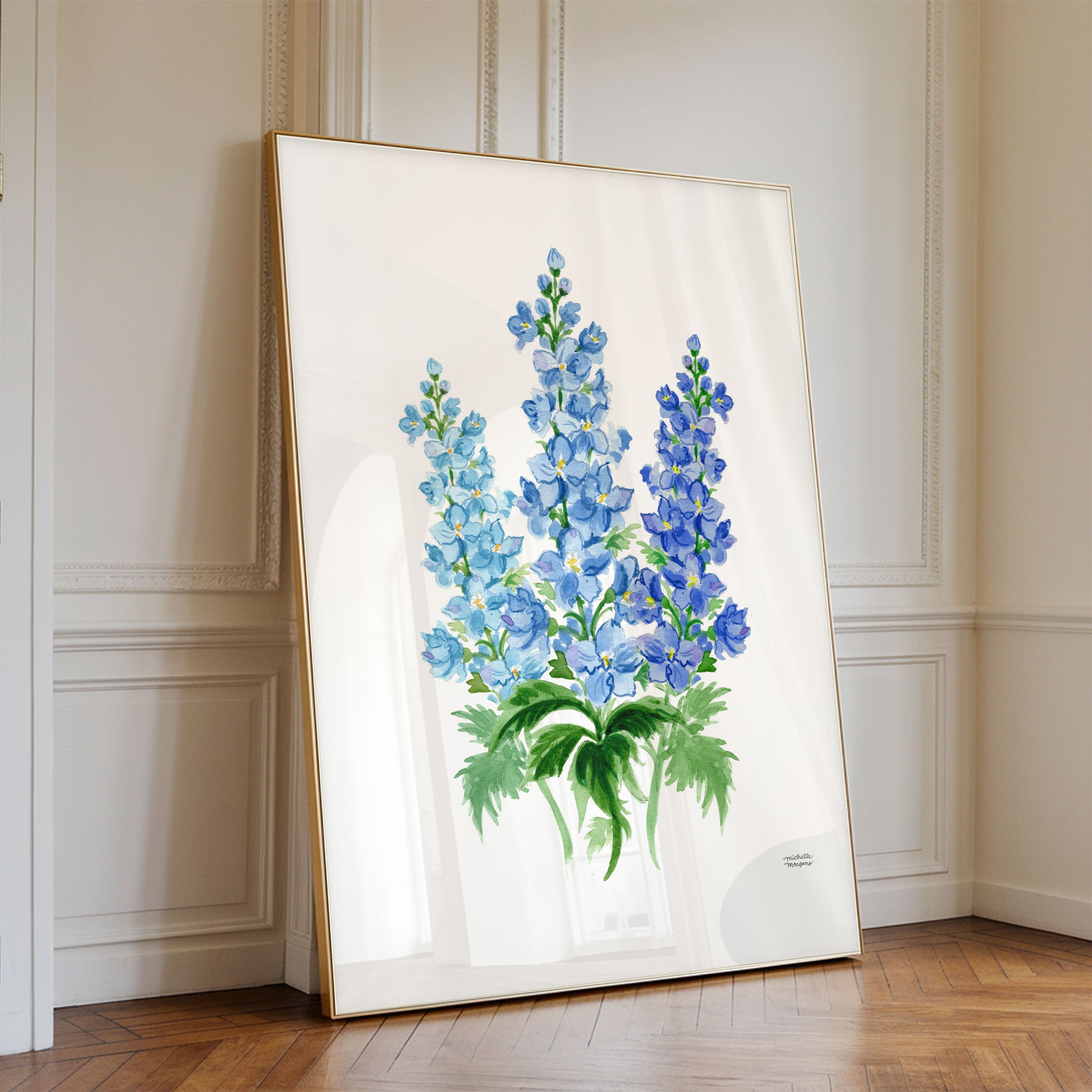 Blue Delphinium Flowers Botanical Floral Watercolor Wall Art Print by Michelle Mospens